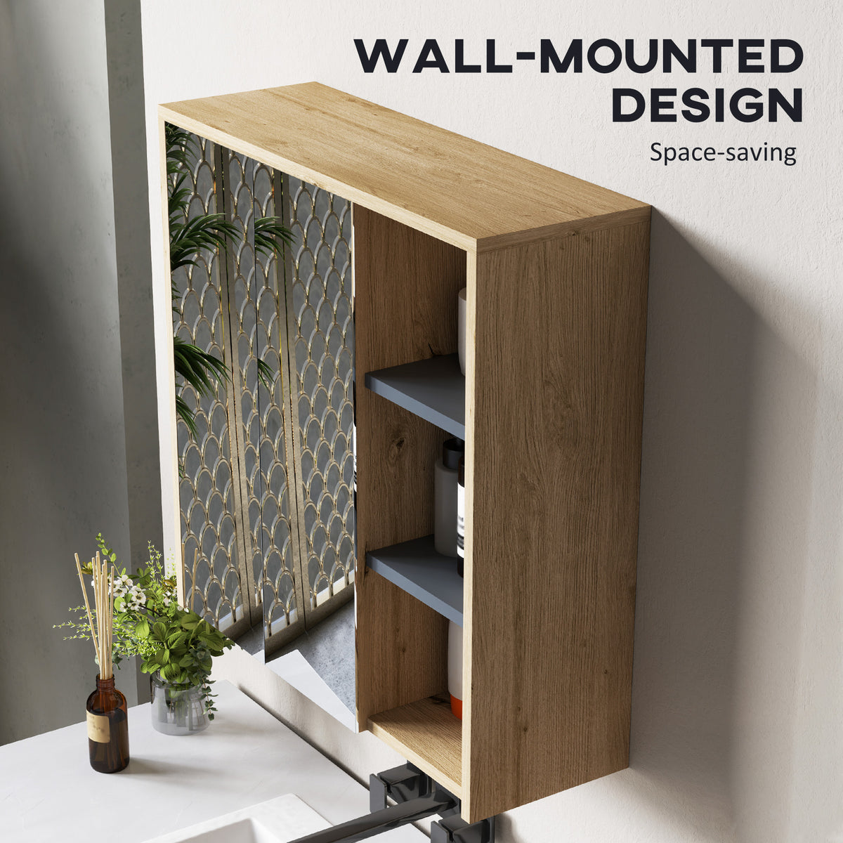 Bathroom Medicine Cabinet with Mirror, Wall Mount Mirror Cabinet with Open Shelves, 2 Soft-Close Doors, Bathroom Storage Organizer, Natural