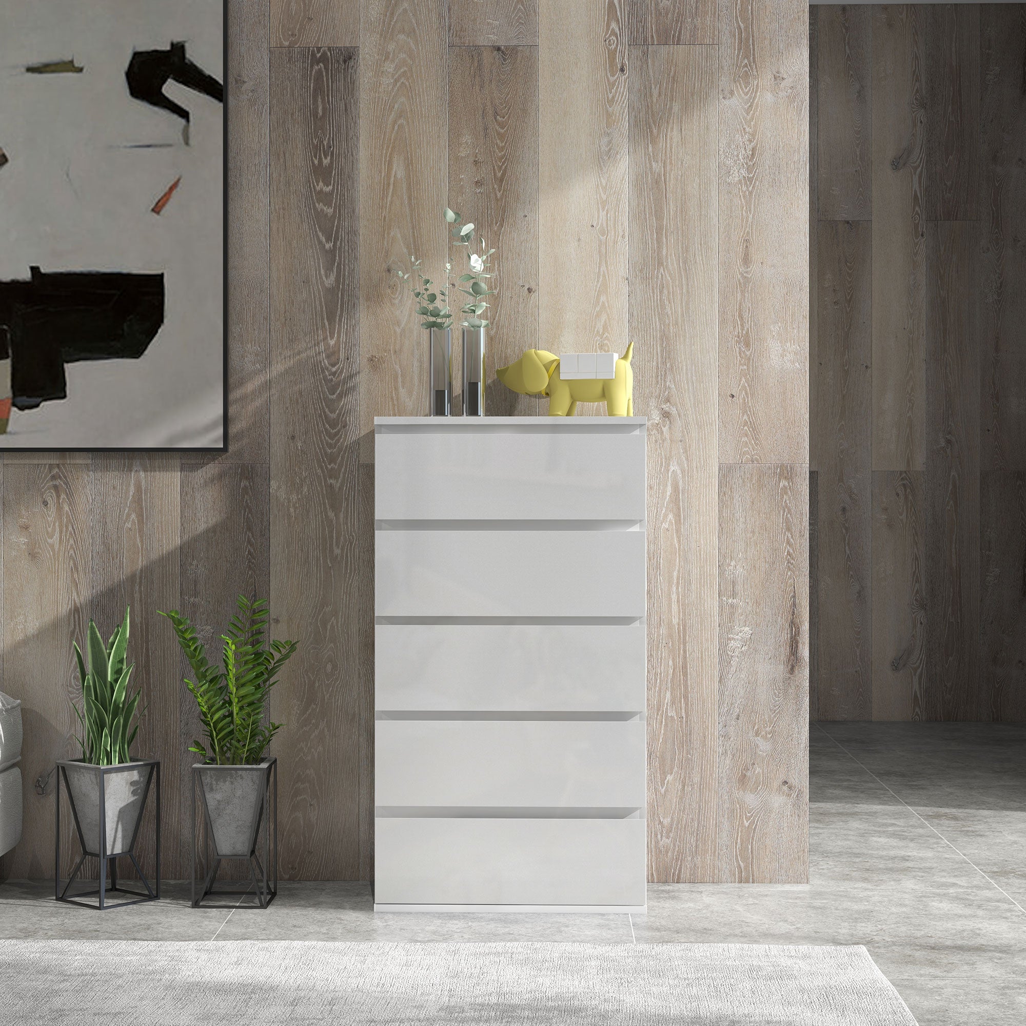 HOMCOM High Gloss Chest of Drawers, 5 Drawers Dresser, Modern Storage Drawer Unit with Soft Closing Mechanism for Bedroom, White