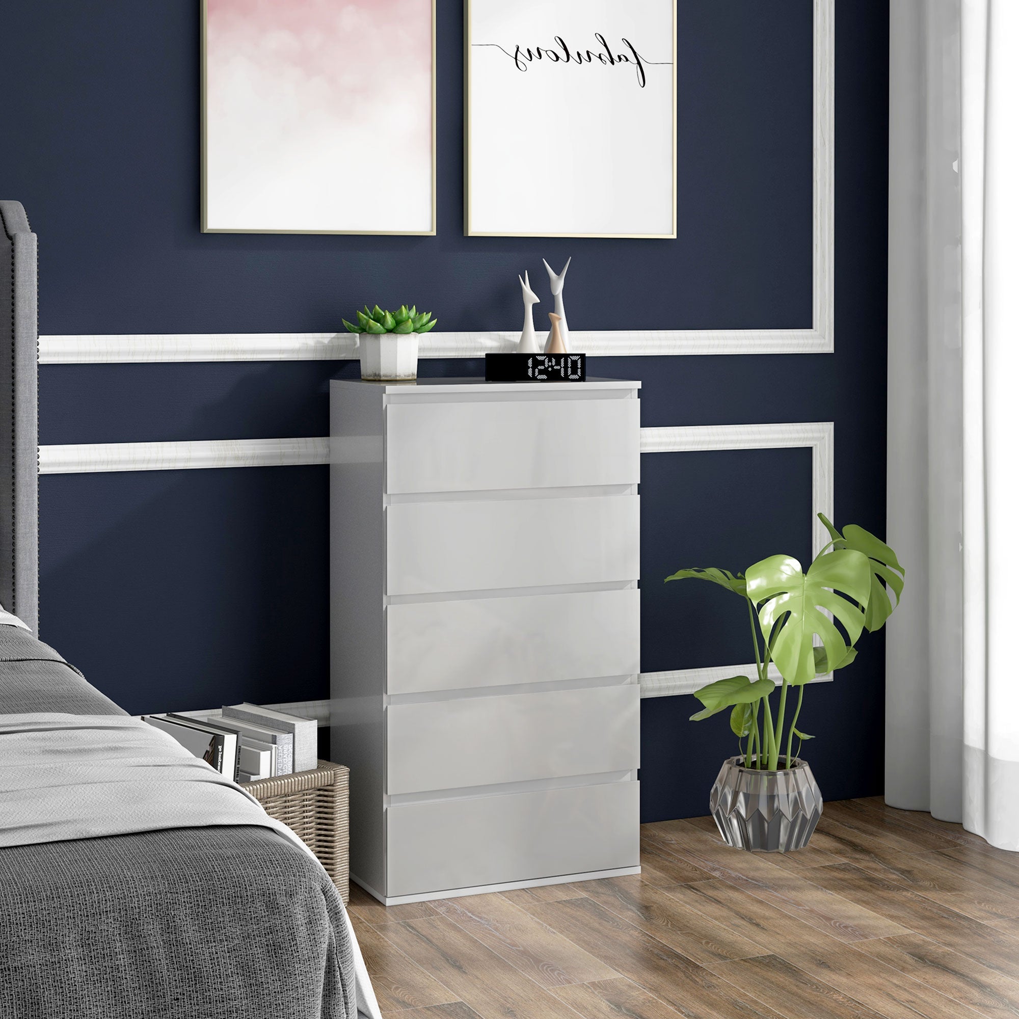 HOMCOM High Gloss Chest of Drawers, 5 Drawers Dresser, Modern Storage Drawer Unit with Soft Closing Mechanism for Bedroom, White