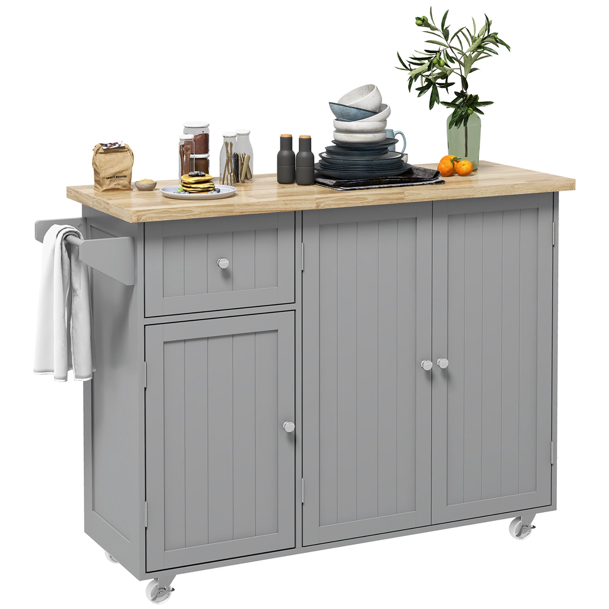 HOMCOM Rolling Kitchen Island on Wheels, Kitchen Island Cart with Rubber Wood Top, Towel Rack, Storage Cabinets and Drawer, Grey