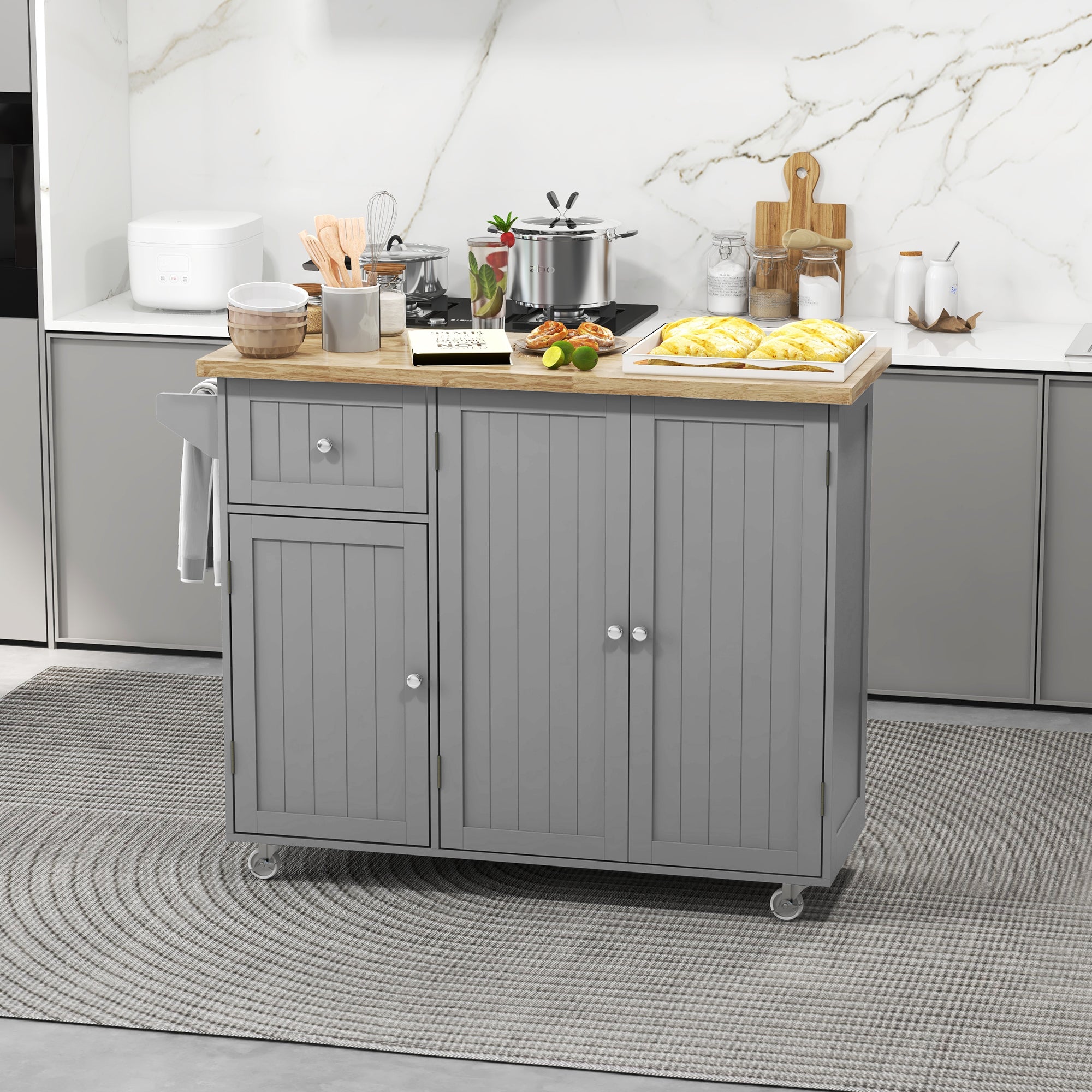 HOMCOM Rolling Kitchen Island on Wheels, Kitchen Island Cart with Rubber Wood Top, Towel Rack, Storage Cabinets and Drawer, Grey