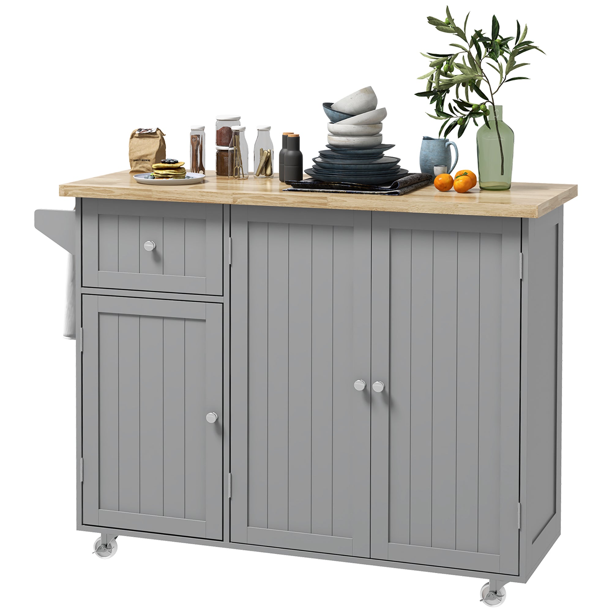 HOMCOM Rolling Kitchen Island on Wheels, Kitchen Island Cart with Rubber Wood Top, Towel Rack, Storage Cabinets and Drawer, Grey