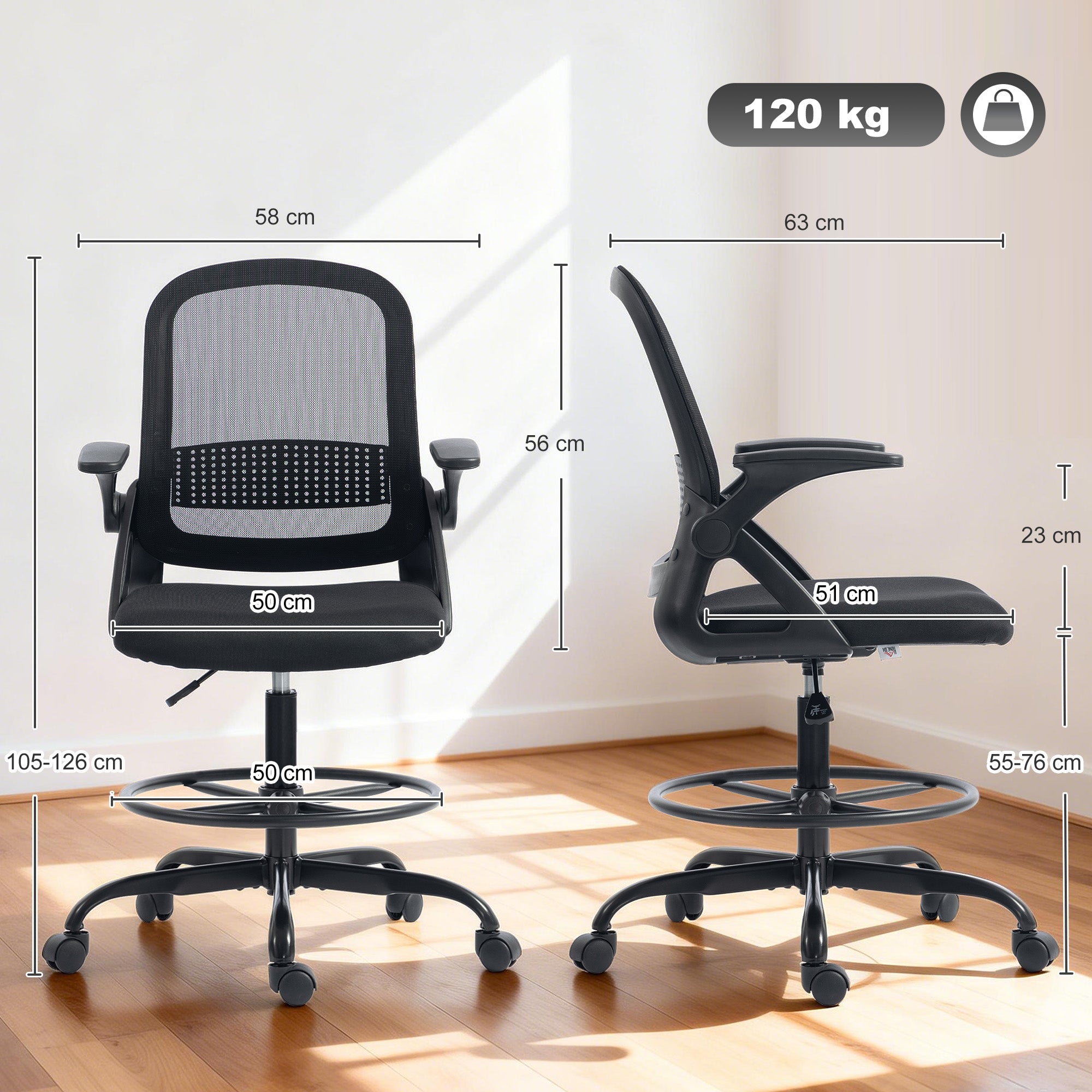 Drafting Chair, Mesh Standing Desk Chair with Flip-up Armrests, Adjustable Height and Footrest, Lumbar Support, Rolling Wheels for Home Office, Black