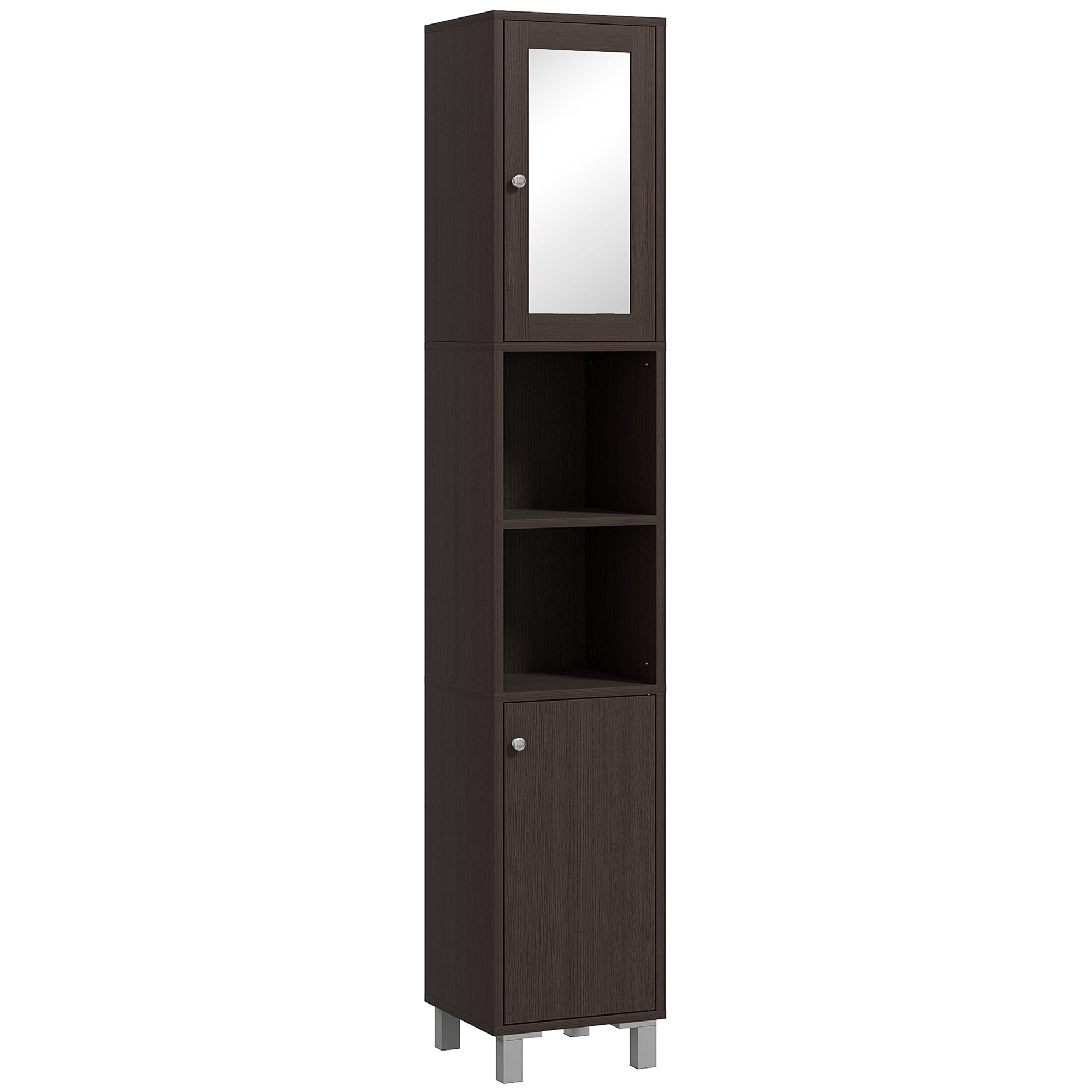 kleankin Tall Bathroom Cabinet w/ Mirror, Narrow Bathroom Storage Cabinet, Slim Linen Tower w/ Doors & Adjustable Shelves, Coffee