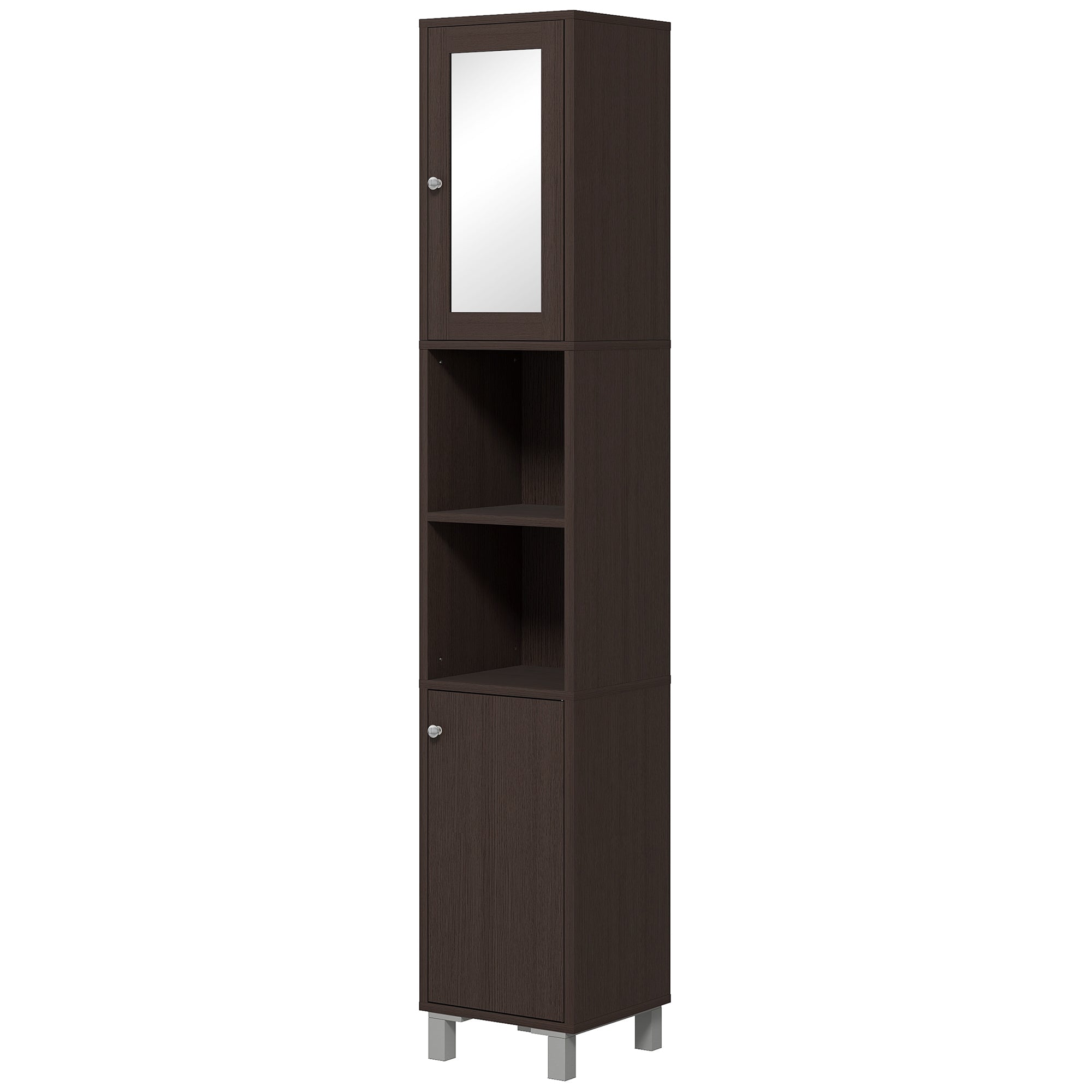 kleankin Tall Bathroom Cabinet w/ Mirror, Narrow Bathroom Storage Cabinet, Slim Linen Tower w/ Doors & Adjustable Shelves, Coffee