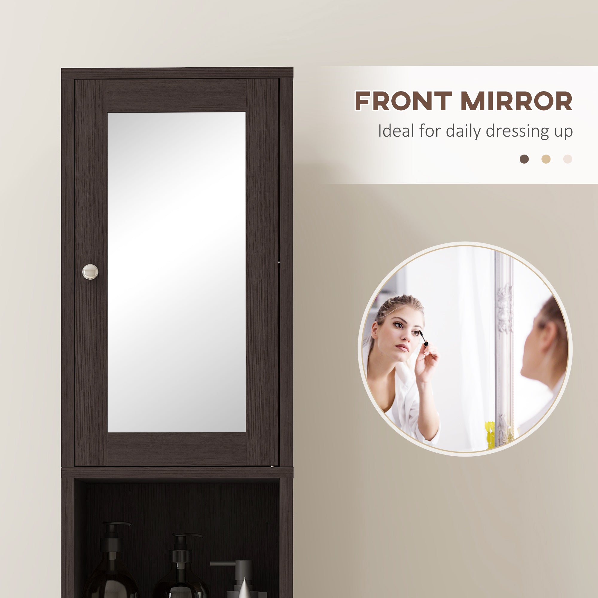 kleankin Tall Bathroom Cabinet w/ Mirror, Narrow Bathroom Storage Cabinet, Slim Linen Tower w/ Doors & Adjustable Shelves, Coffee