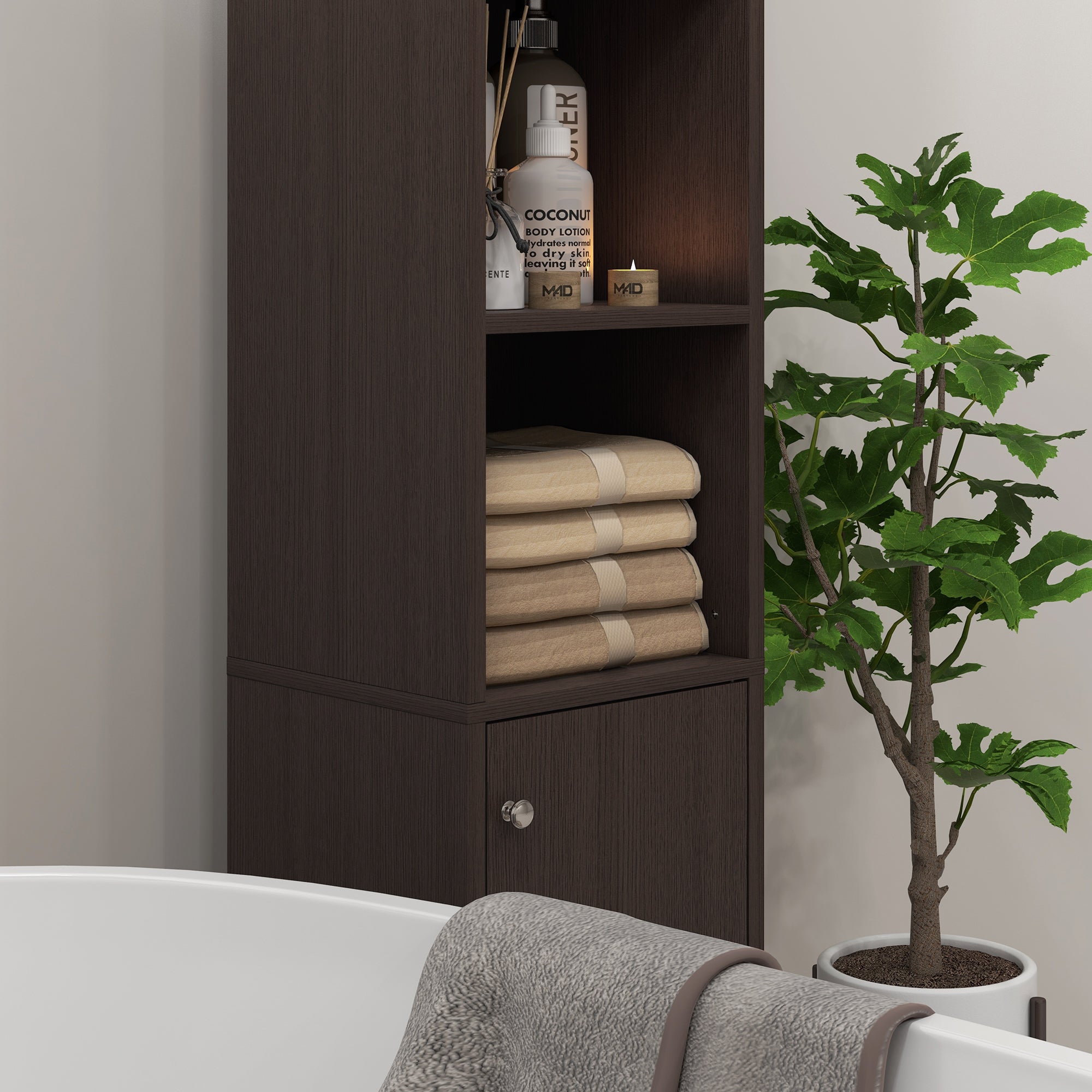 kleankin Tall Bathroom Cabinet w/ Mirror, Narrow Bathroom Storage Cabinet, Slim Linen Tower w/ Doors & Adjustable Shelves, Coffee