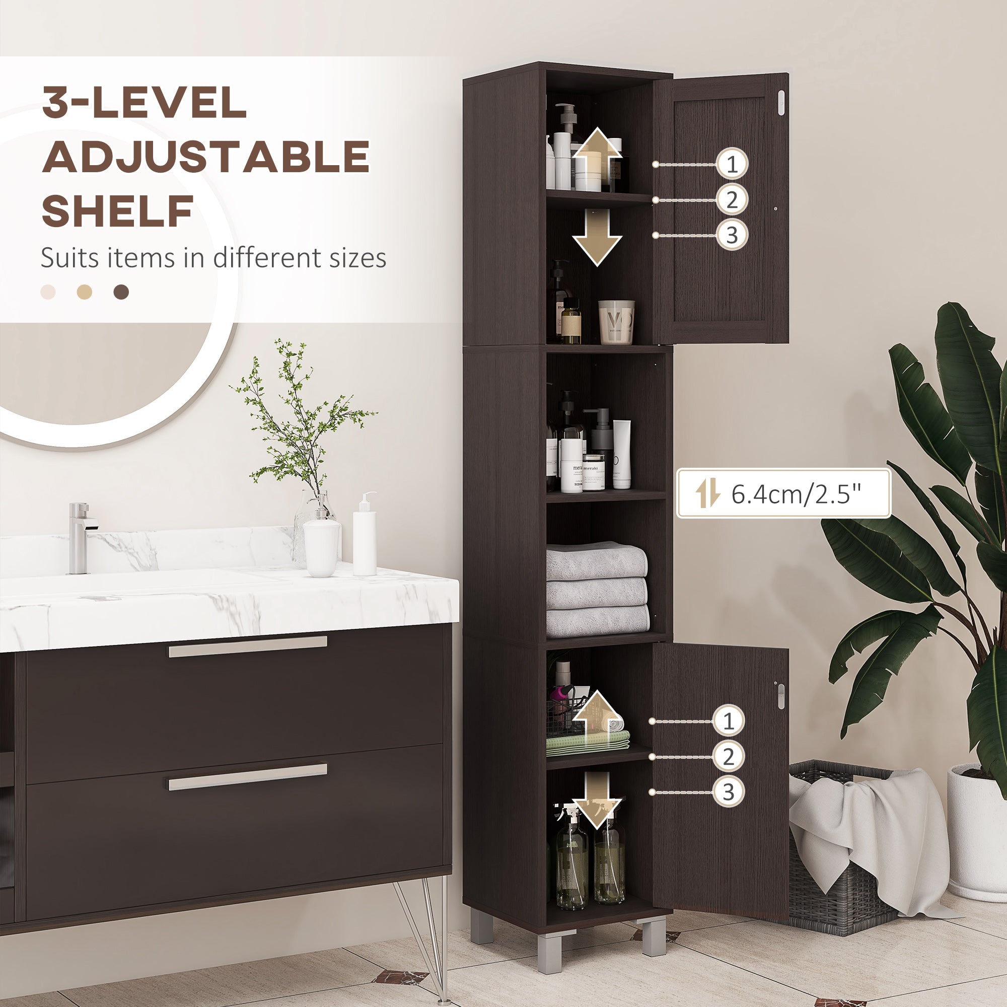 kleankin Tall Bathroom Cabinet w/ Mirror, Narrow Bathroom Storage Cabinet, Slim Linen Tower w/ Doors & Adjustable Shelves, Coffee