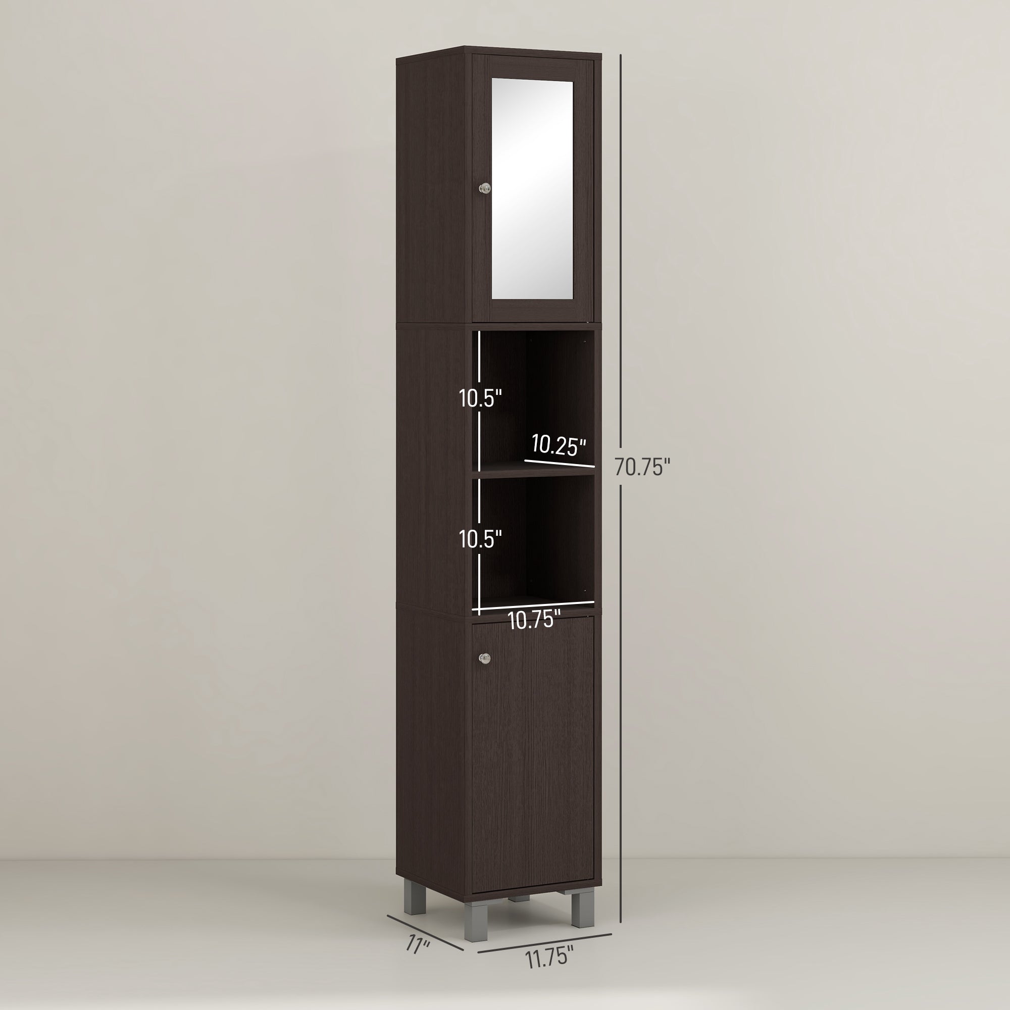 kleankin Tall Bathroom Cabinet w/ Mirror, Narrow Bathroom Storage Cabinet, Slim Linen Tower w/ Doors & Adjustable Shelves, Coffee