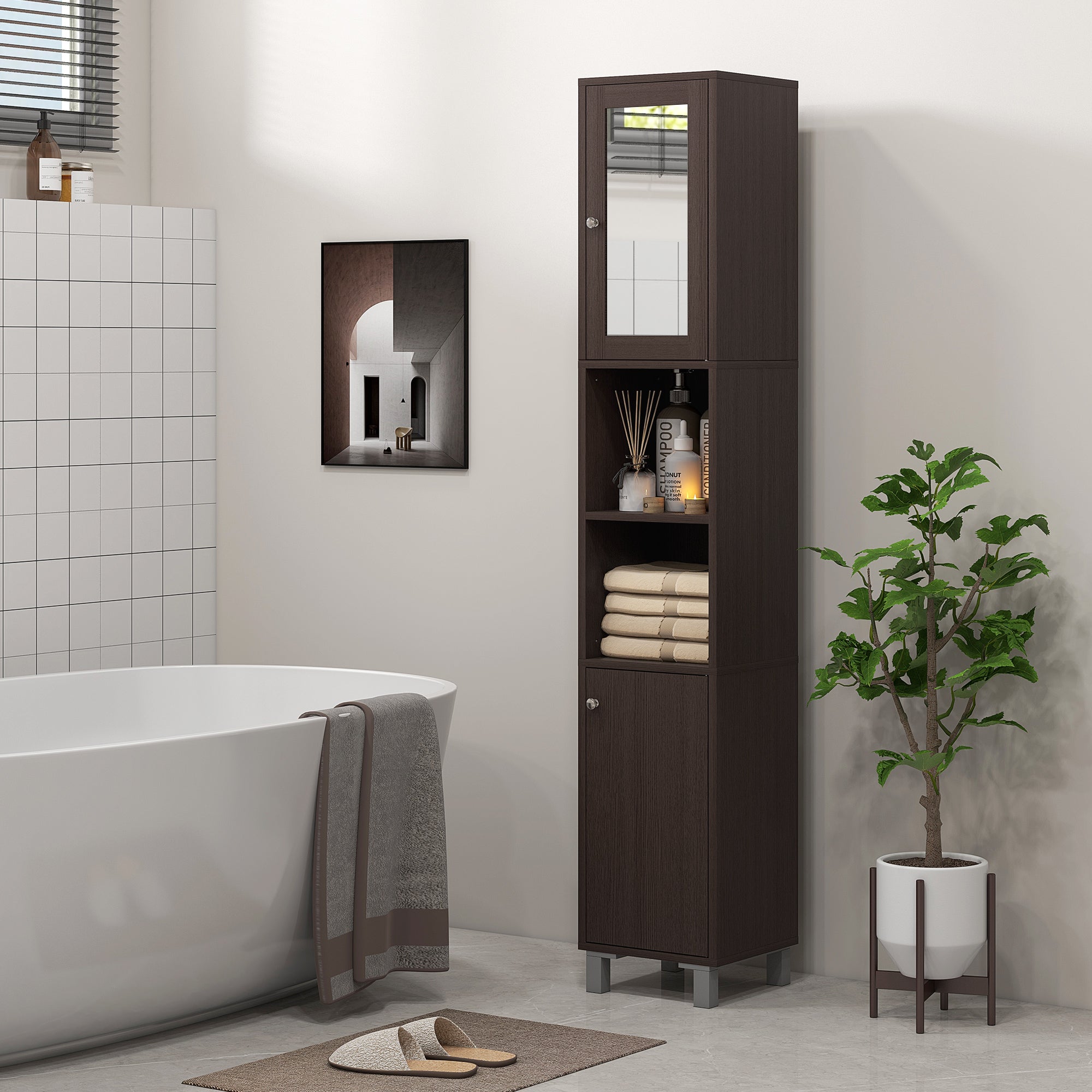 kleankin Tall Bathroom Cabinet w/ Mirror, Narrow Bathroom Storage Cabinet, Slim Linen Tower w/ Doors & Adjustable Shelves, Coffee