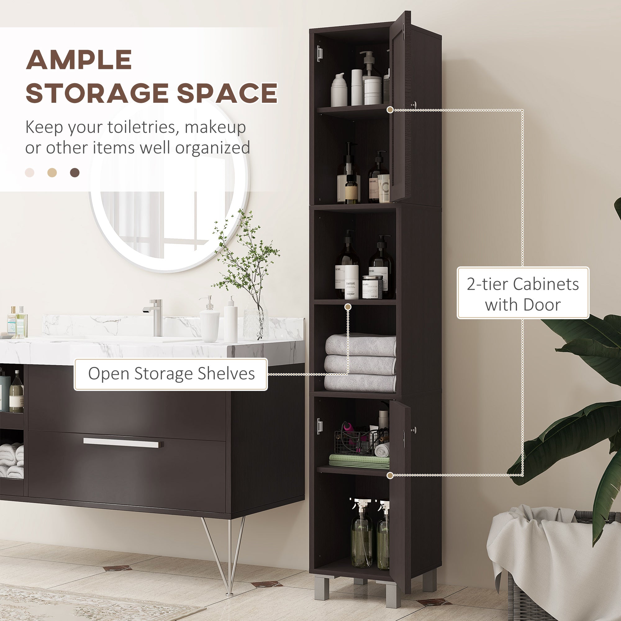 kleankin Tall Bathroom Cabinet w/ Mirror, Narrow Bathroom Storage Cabinet, Slim Linen Tower w/ Doors & Adjustable Shelves, Coffee