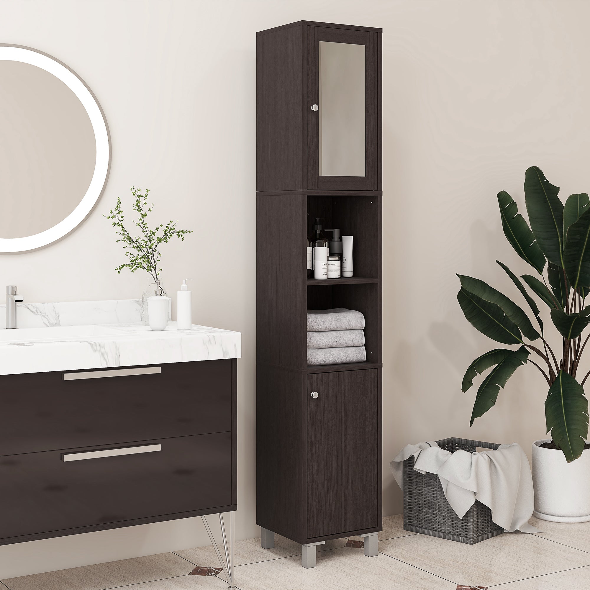 kleankin Tall Bathroom Cabinet w/ Mirror, Narrow Bathroom Storage Cabinet, Slim Linen Tower w/ Doors & Adjustable Shelves, Coffee