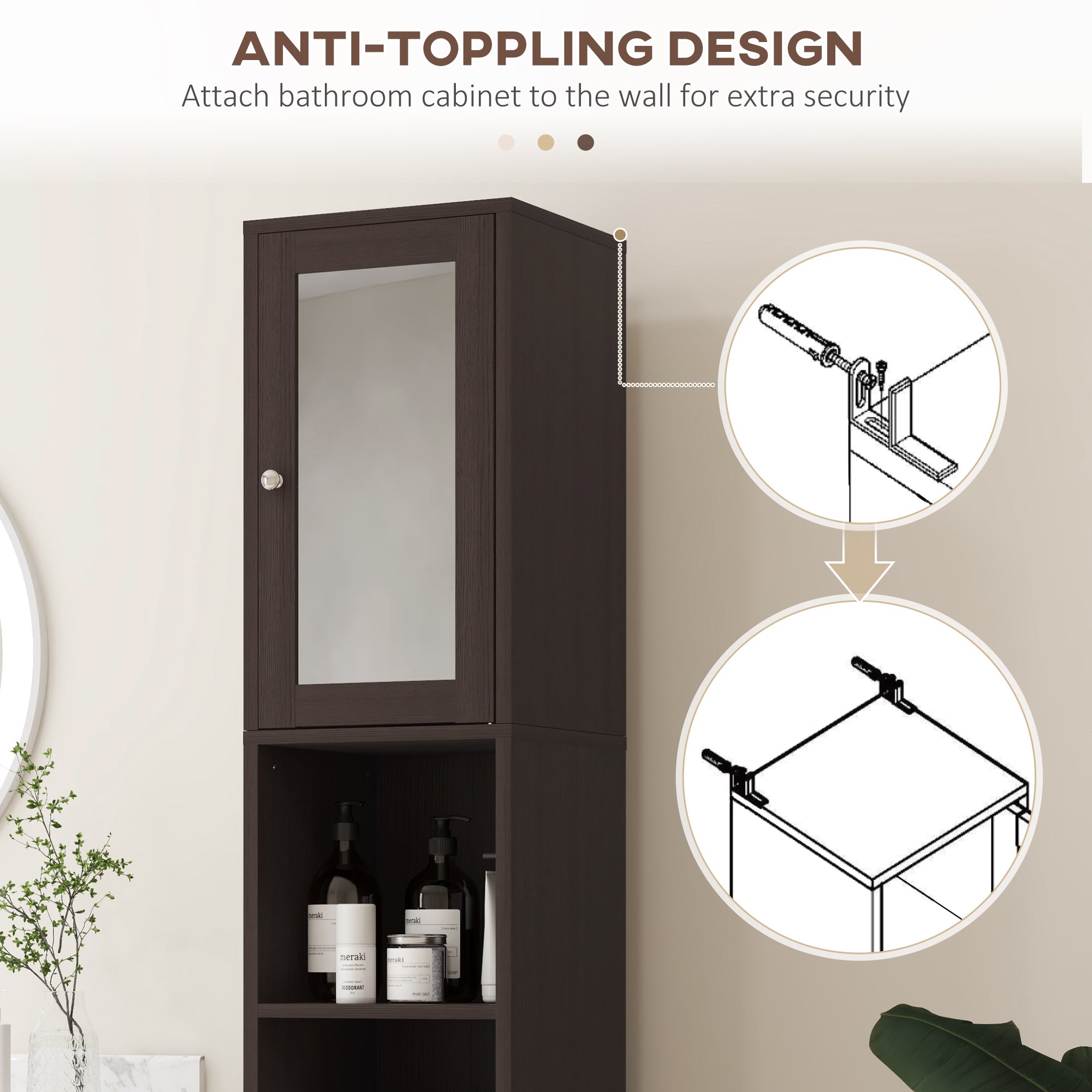 kleankin Tall Bathroom Cabinet w/ Mirror, Narrow Bathroom Storage Cabinet, Slim Linen Tower w/ Doors & Adjustable Shelves, Coffee