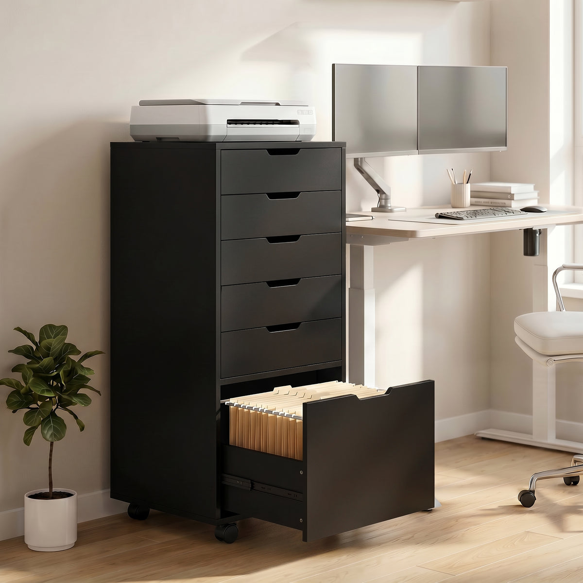 5 Drawer Vertical File Cabinet with Lockable Wheels, Filing Cabinet for Home Office, Printer Stand with Adjustable Hanging Bars For A4, Letter, legal File Folders, Black