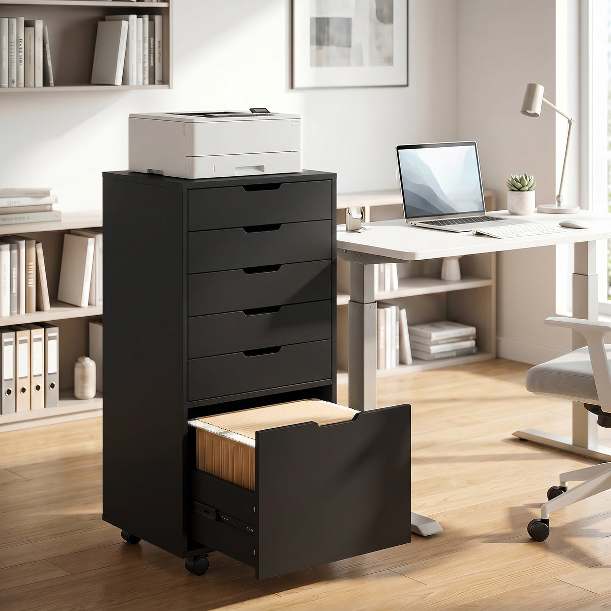 5 Drawer Vertical File Cabinet with Lockable Wheels, Filing Cabinet for Home Office, Printer Stand with Adjustable Hanging Bars For A4, Letter, legal File Folders, Black
