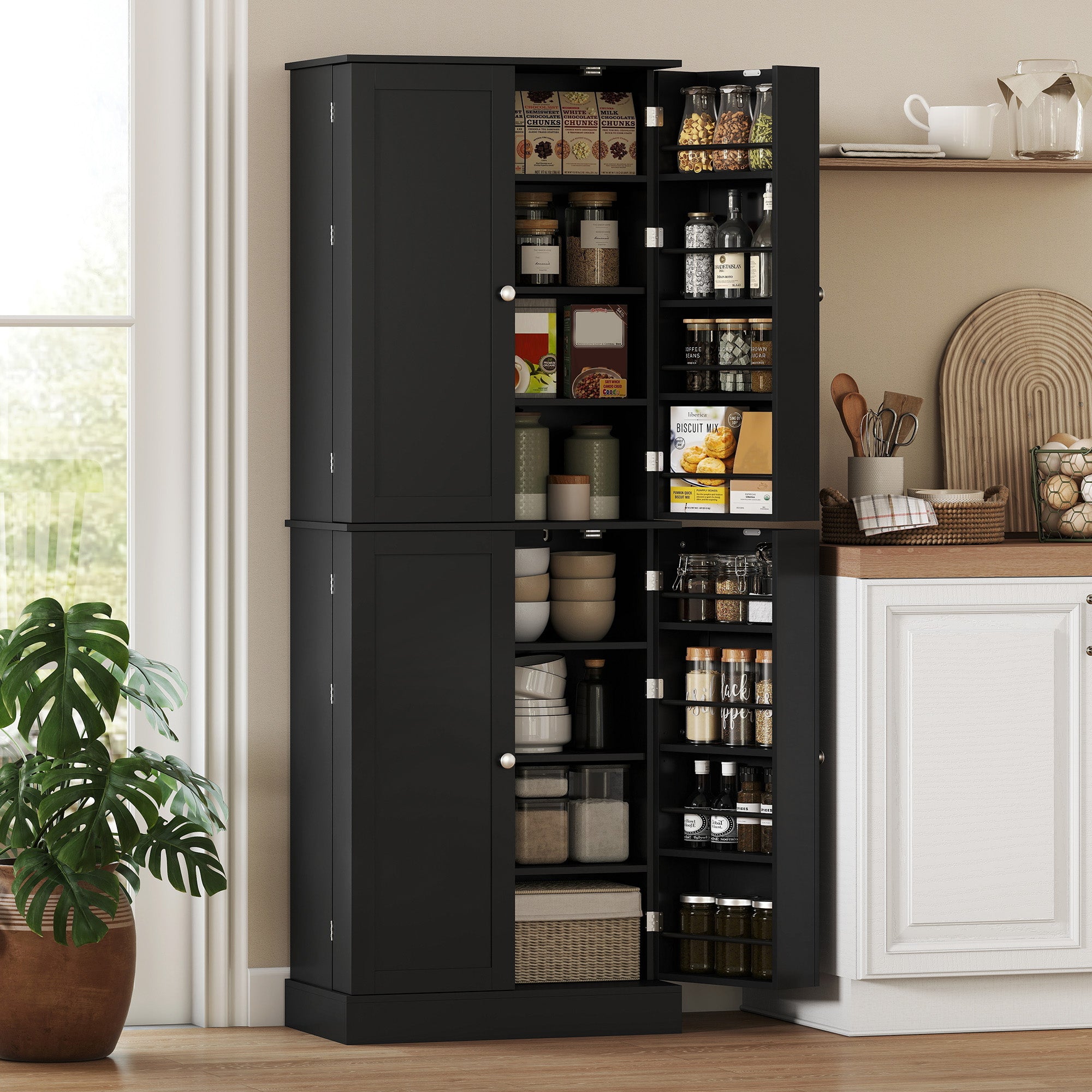 65" Kitchen Pantry Cabinet, Modern Storage Cabinet with Doors and Shelves, Freestanding Cupboard for Dining Room, Black
