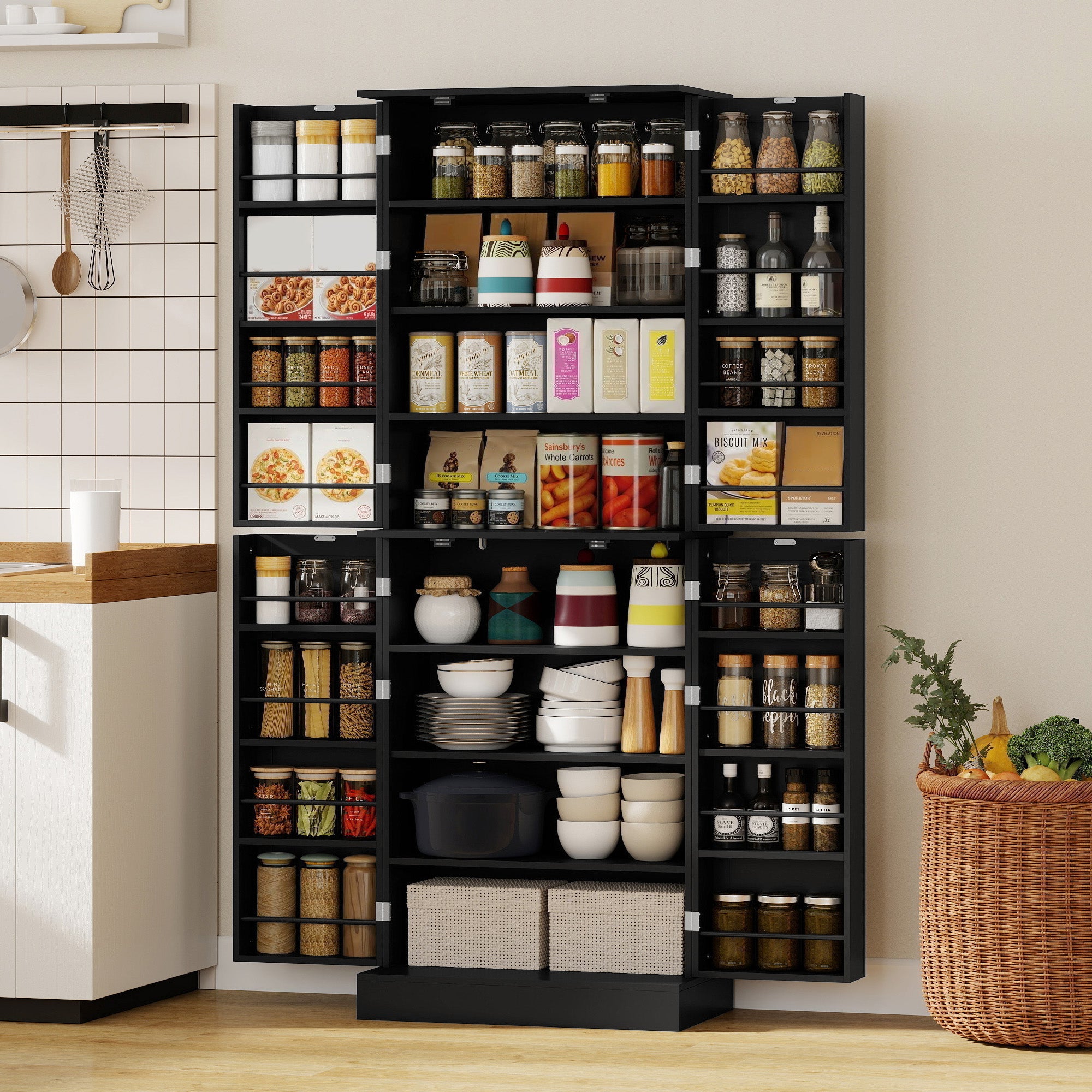 65" Kitchen Pantry Cabinet, Modern Storage Cabinet with Doors and Shelves, Freestanding Cupboard for Dining Room, Black