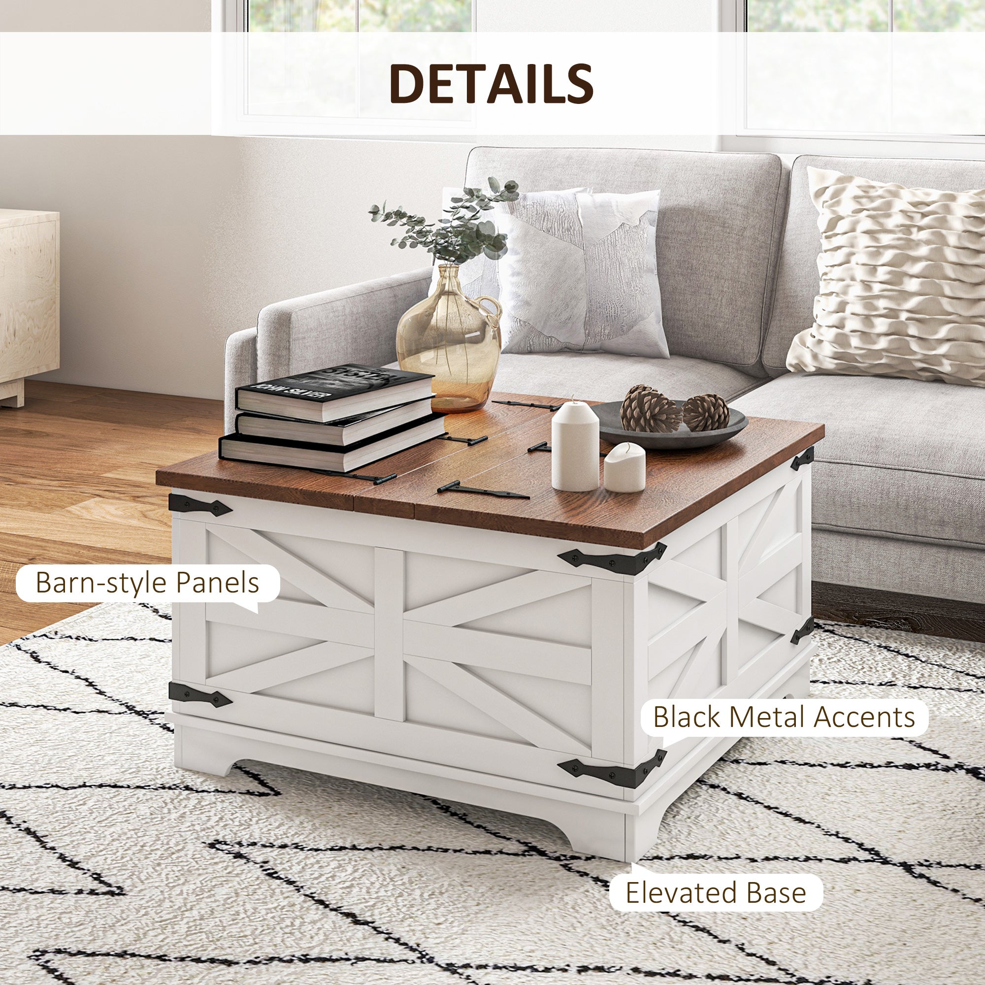 HOMCOM Farmhouse Coffee Table with Storage, Center Table with Hinged Lift Top and Hidden Space, Square Coffee Table for Living Room, White