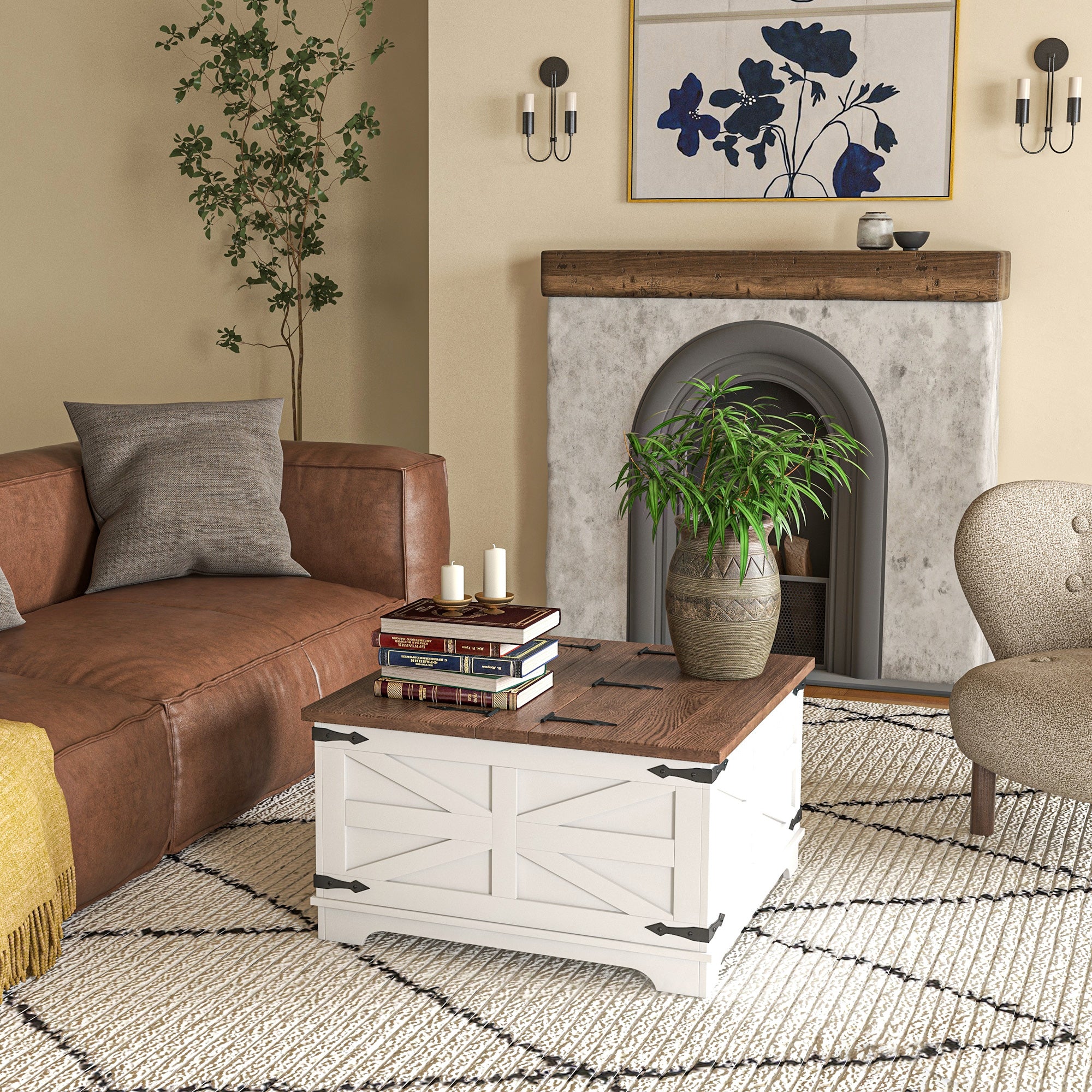 HOMCOM Farmhouse Coffee Table with Storage, Center Table with Hinged Lift Top and Hidden Space, Square Coffee Table for Living Room, White