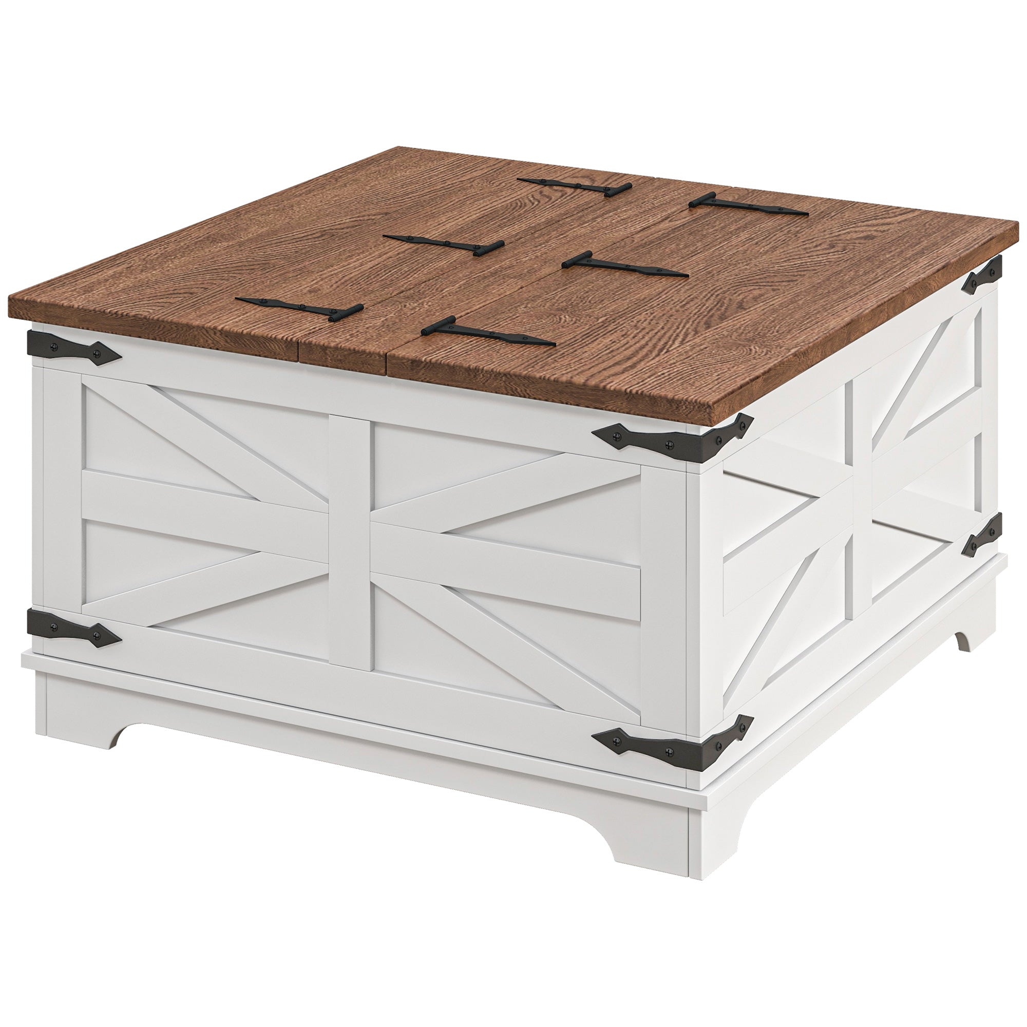 Farmhouse Coffee Table, Square Center Table with Flip-top Lids, Hidden Storage Compartment, White