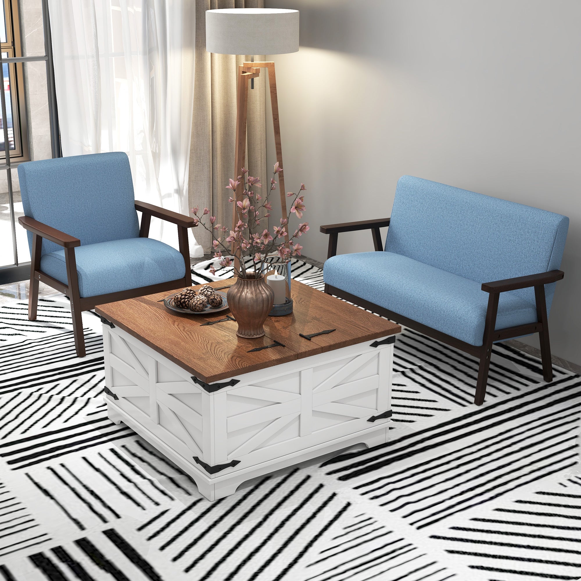 HOMCOM Farmhouse Coffee Table with Storage, Center Table with Hinged Lift Top and Hidden Space, Square Coffee Table for Living Room, White
