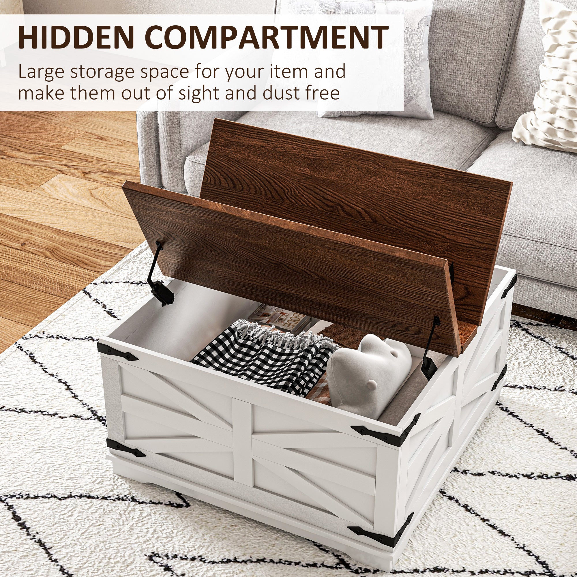 HOMCOM Farmhouse Coffee Table with Storage, Center Table with Hinged Lift Top and Hidden Space, Square Coffee Table for Living Room, White