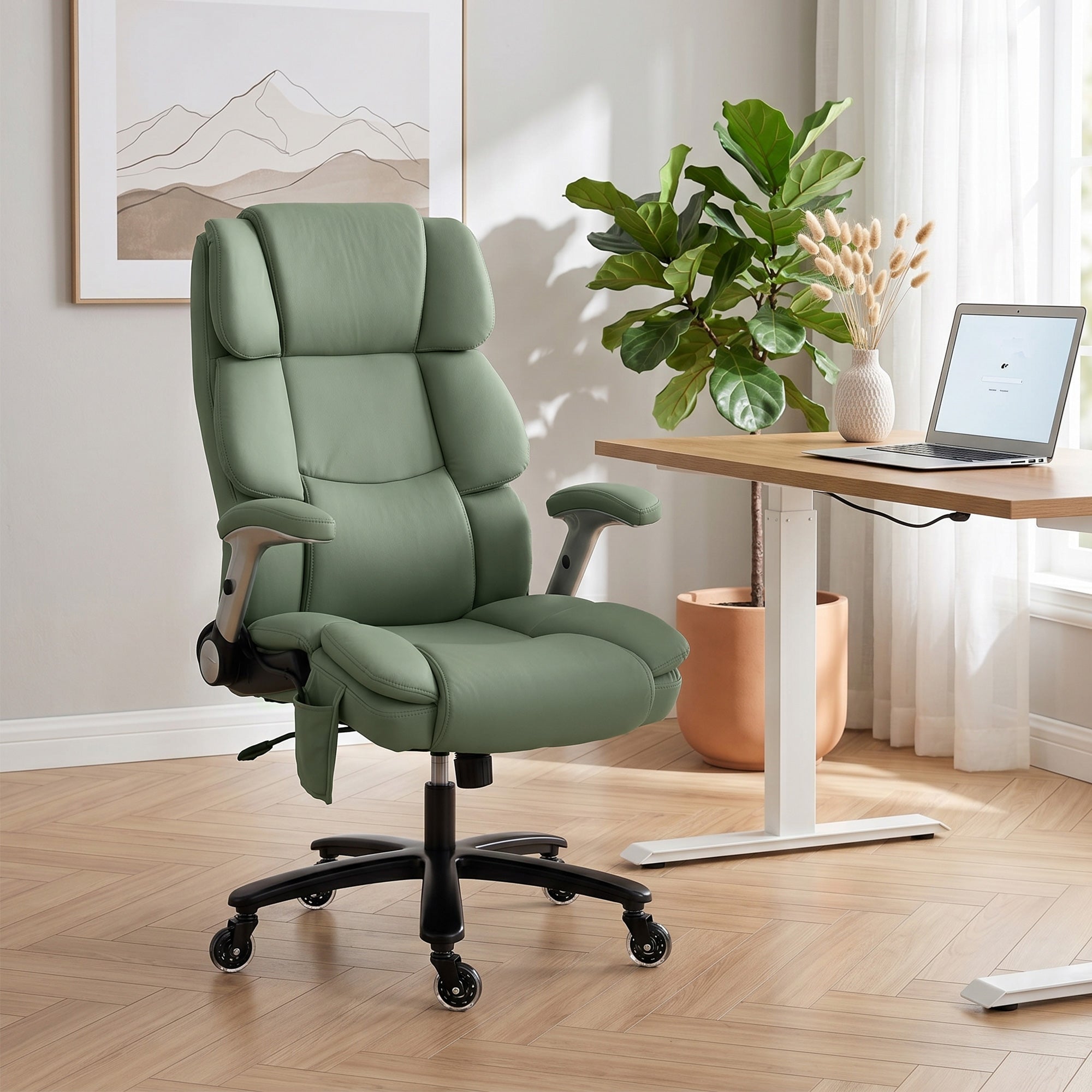 Heavy Duty Office Chair 400LBS with Airbag Lumbar Support, Pet-Friendly Fabric, Big and Tall Desk Chair with Flip-Up Armrests, Pocket Springs, Class 4 Gas Cylinder, Wide Seat, Light Green