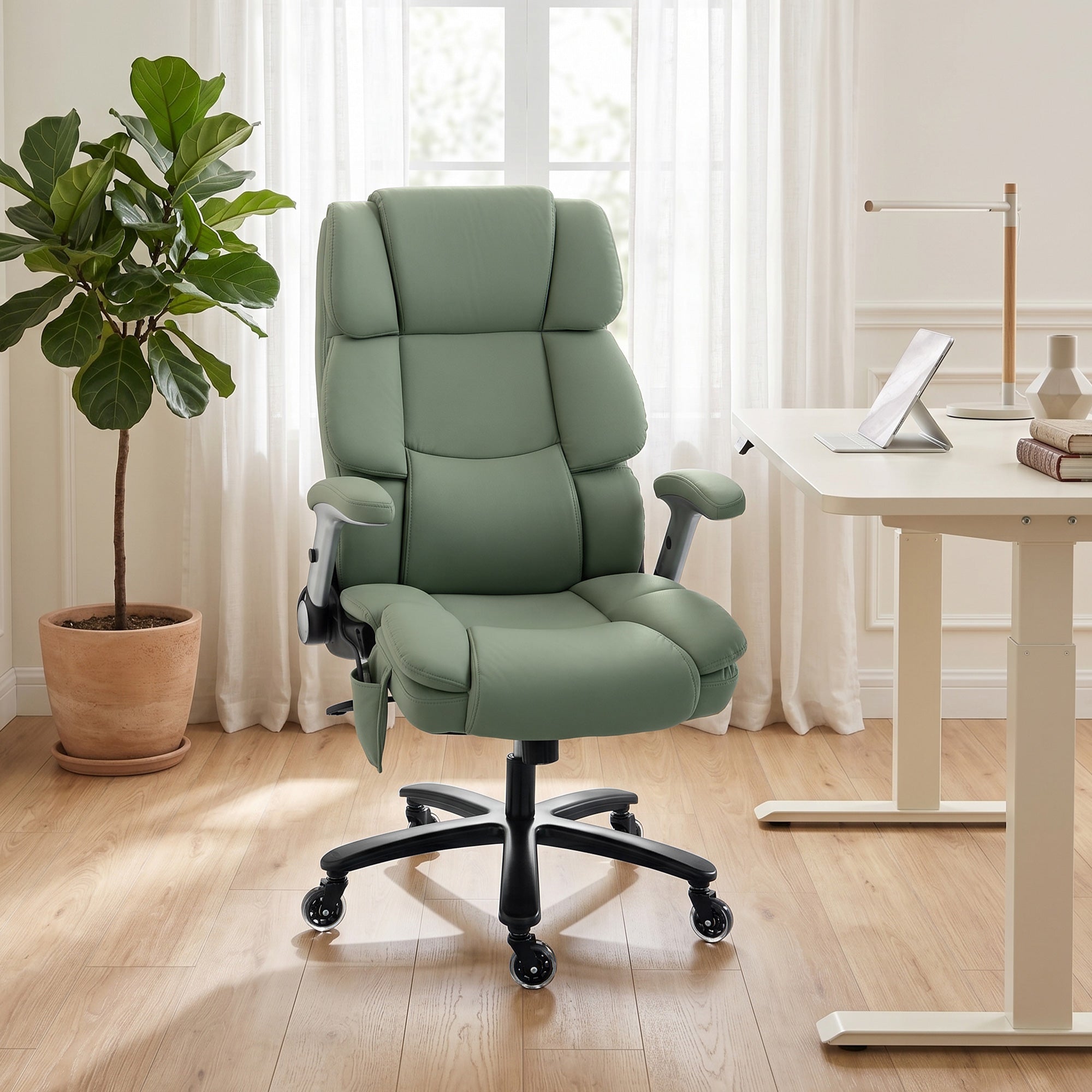 Heavy Duty Office Chair 400LBS with Airbag Lumbar Support, Pet-Friendly Fabric, Big and Tall Desk Chair with Flip-Up Armrests, Pocket Springs, Class 4 Gas Cylinder, Wide Seat, Light Green