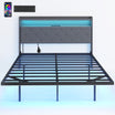 4ft6 Double Bed Frame, Floating Bed Frame with Music Sync RGB LED Lights and Charging Station, Upholstered Headboard with Storage Shelves, No Box Spring Needed, Noise Free, Grey