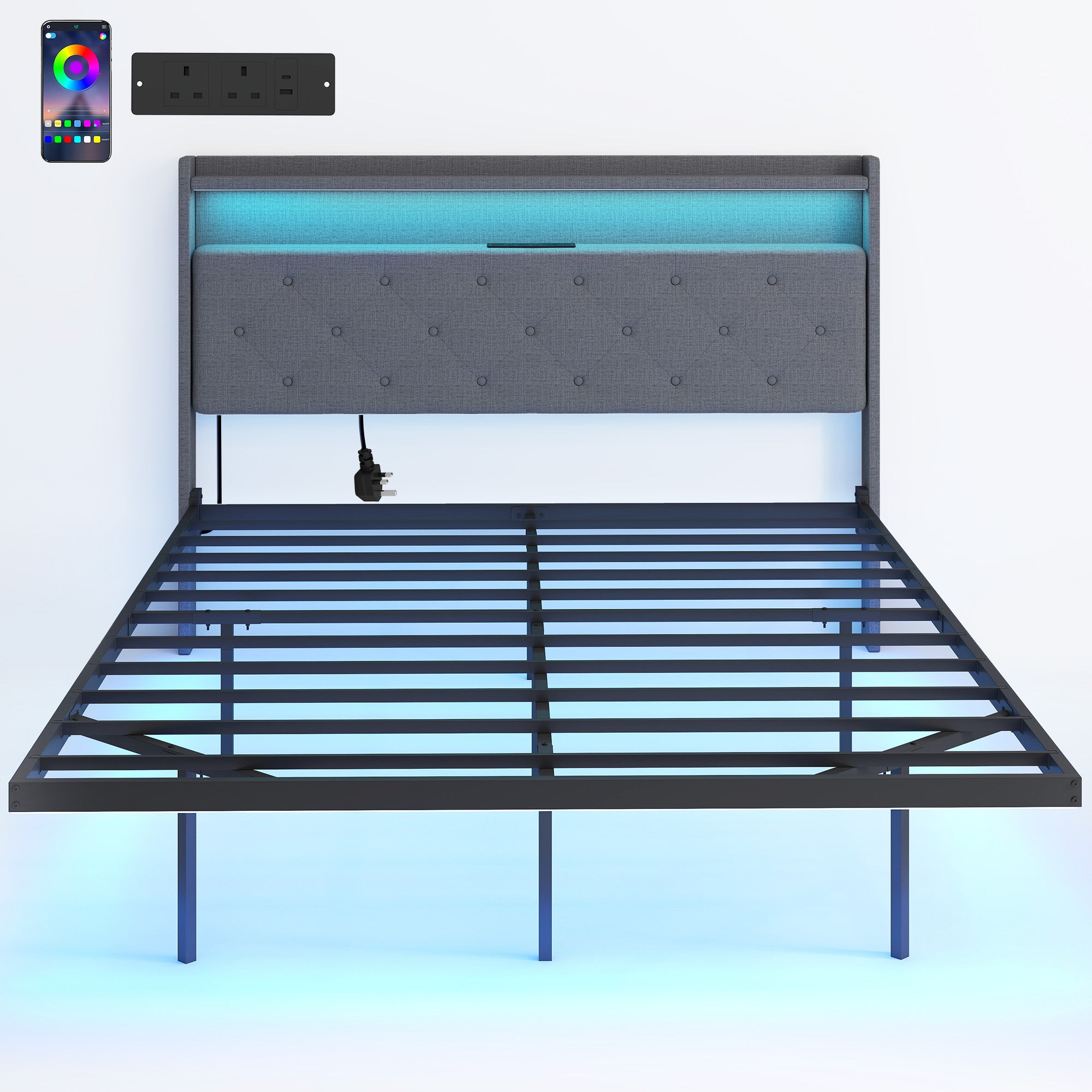 4ft6 Double Bed Frame, Floating Bed Frame with Music Sync RGB LED Lights and Charging Station, Upholstered Headboard with Storage Shelves, No Box Spring Needed, Noise Free, Grey