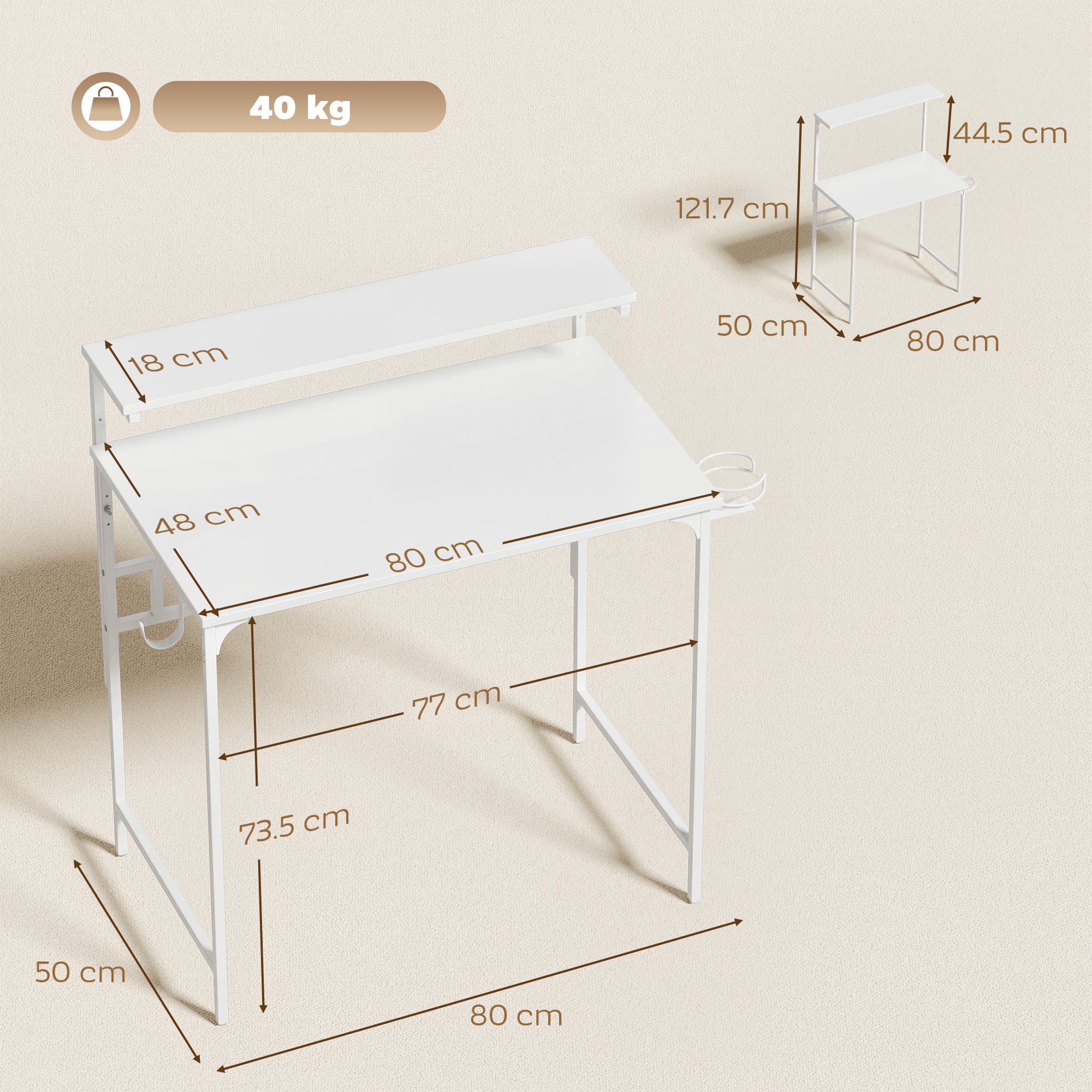Computer Desk, 80cm Home Office Study Table with Hutch Shelf, Cup Holder, Headphone Hook, Metal Frame, Space Saving Writing Desk, White