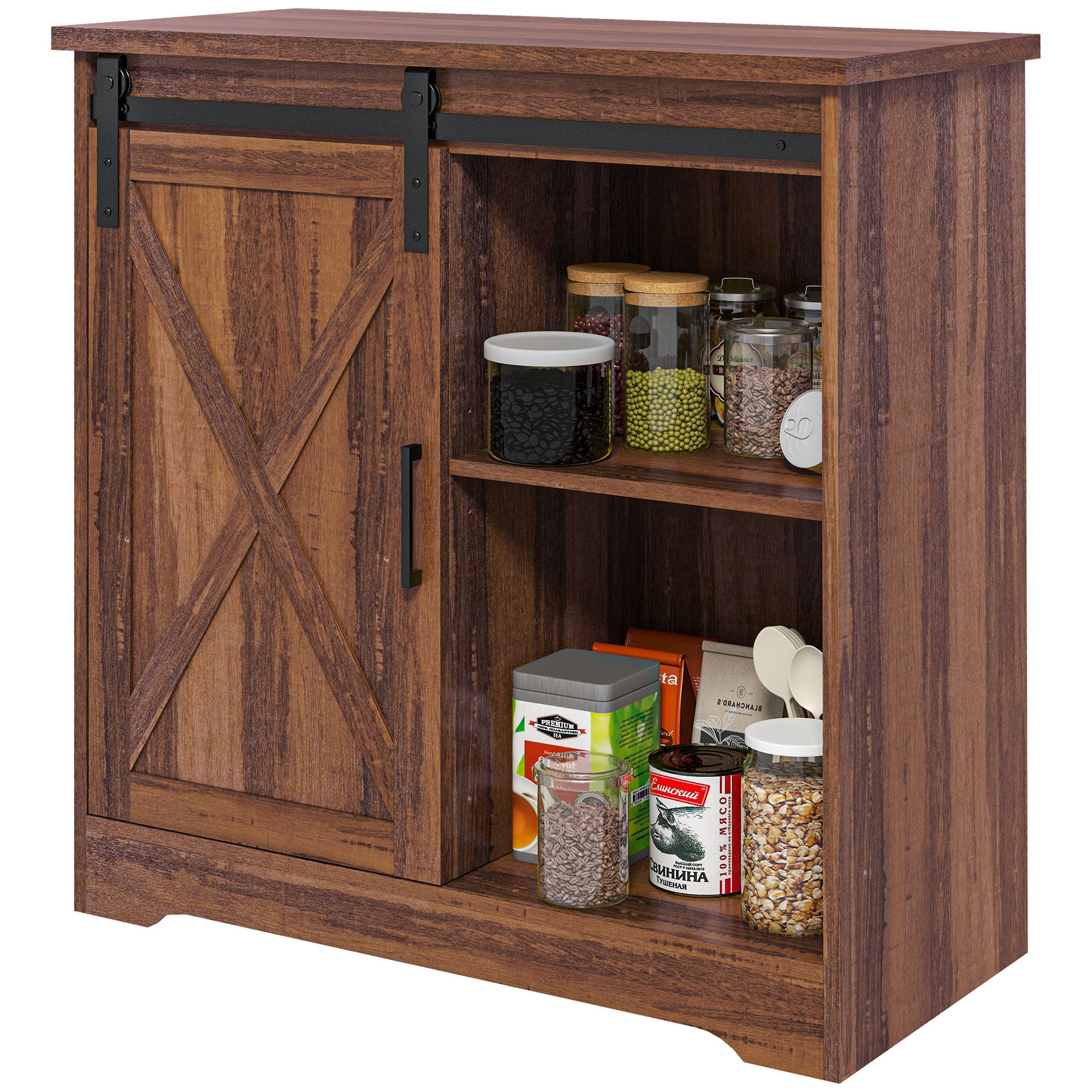 Farmhouse Kitchen Sideboard Buffet Cabinet w/ Sliding Barn Door & Adjustable Shelf, Brown