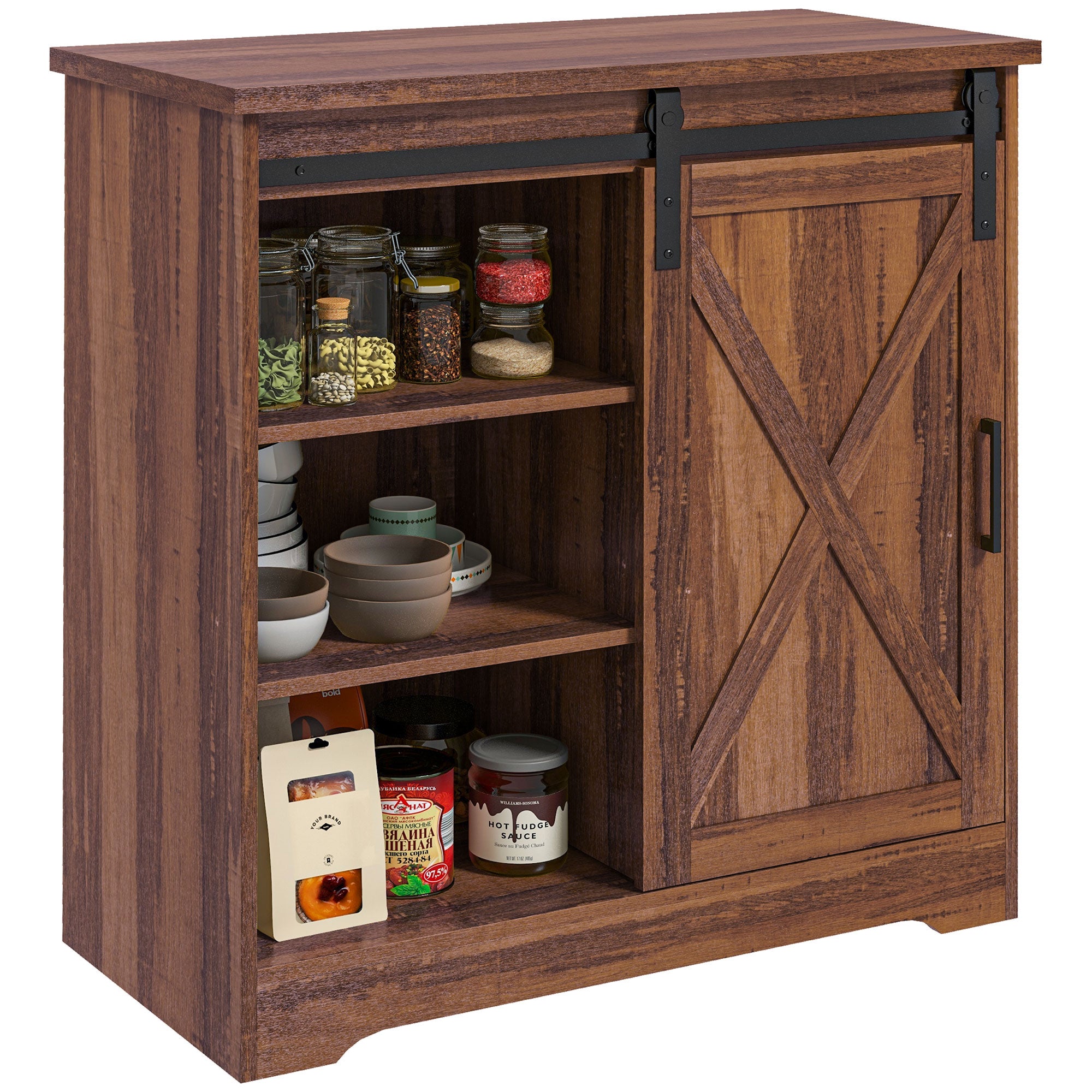 Farmhouse Kitchen Sideboard Buffet Cabinet Coffee Bar Cabinet with Sliding Barn Door and Adjustable Shelf Brown