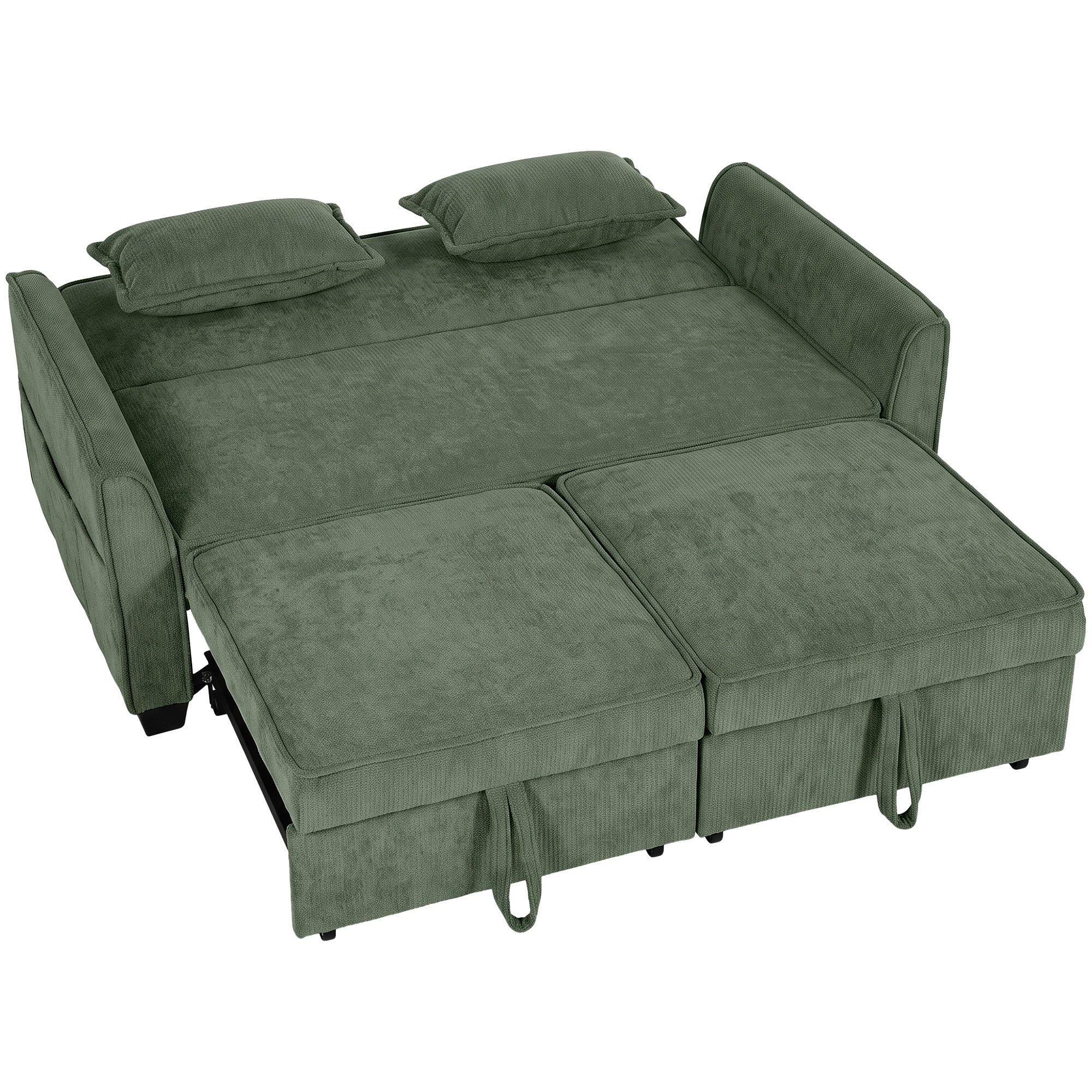 2 Seater Sofa Bed, 4-in-1 L Shaped Convertible Pull Out Sleeper Sofa with Adjustable Backrest, Chenille Loveseat with 2 Pillows, Wide Deep Seat, Side Pockets for Living Room, Dark Green
