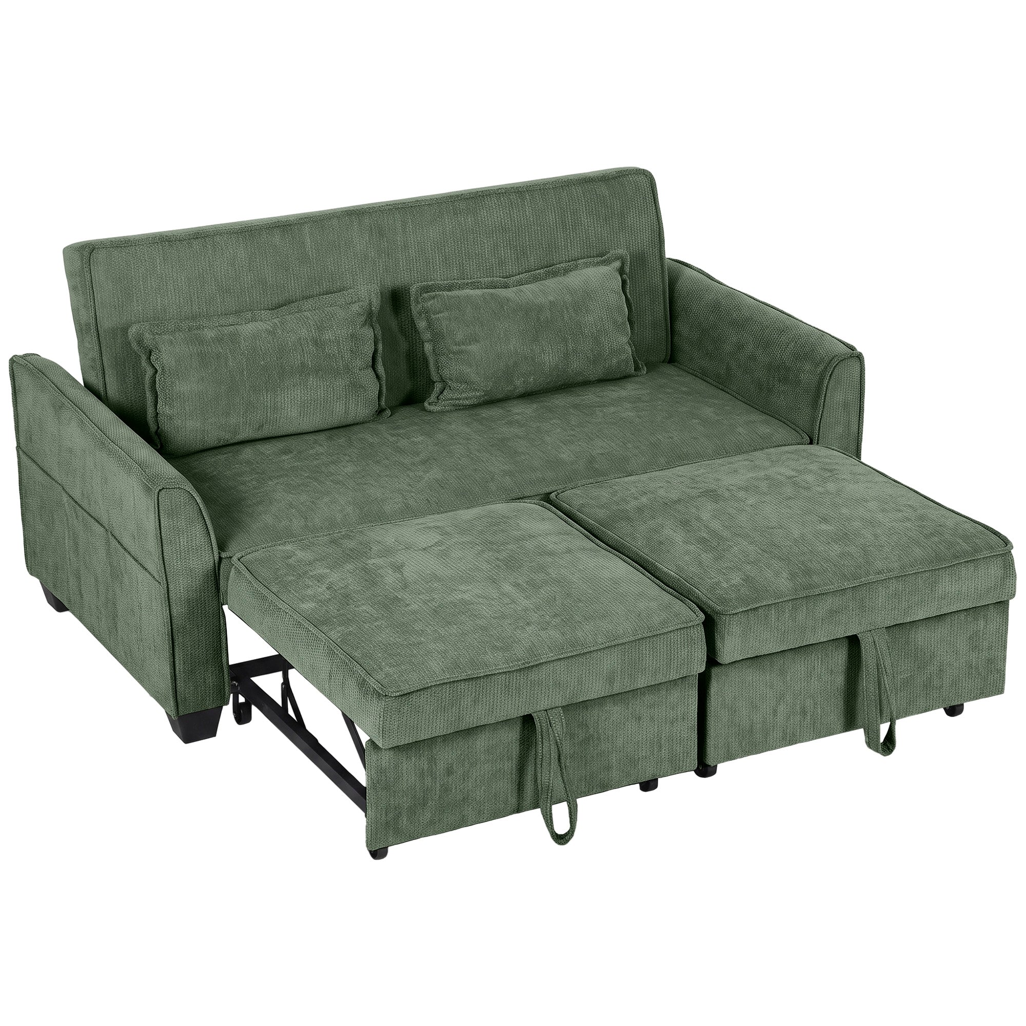 2 Seater Sofa Bed, 4-in-1 L Shaped Convertible Pull Out Sleeper Sofa with Adjustable Backrest, Chenille Loveseat with 2 Pillows, Wide Deep Seat, Side Pockets for Living Room, Dark Green