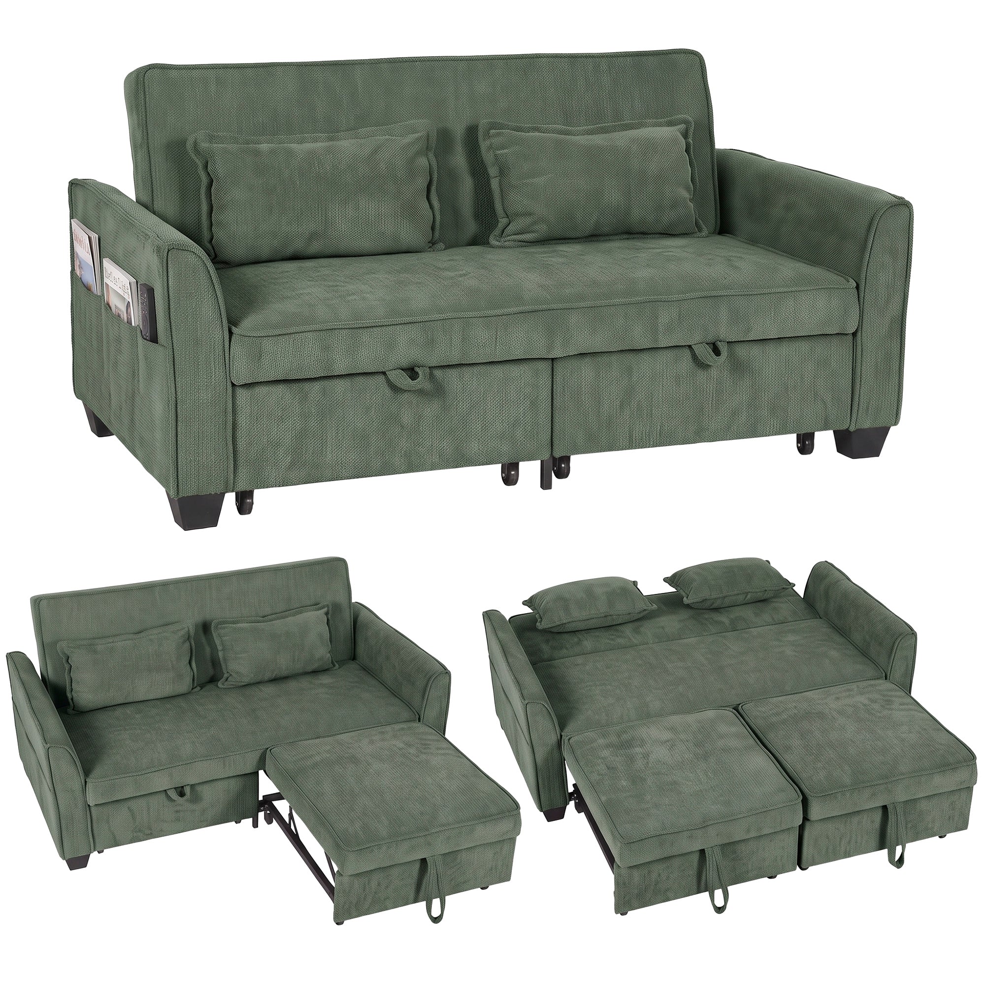 2 Seater Sofa Bed, 4-in-1 L Shaped Convertible Pull Out Sleeper Sofa with Adjustable Backrest, Chenille Loveseat with 2 Pillows, Wide Deep Seat, Side Pockets for Living Room, Dark Green