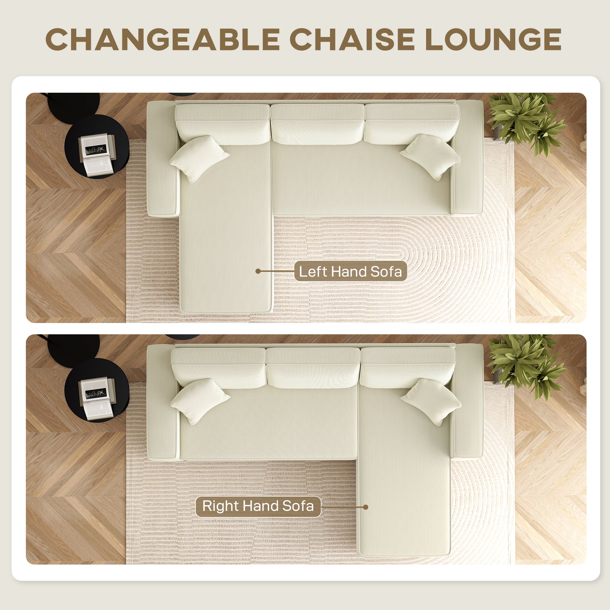 95" Sectional Sofa with Reversible Chaise Lounge, L-Shaped Corner Sofa with Corduroy Fabric, Pocket Spring, 2 Pillows, Wide Arm, Thick Padded, 3 Seat Couch for Living Room, Cream White