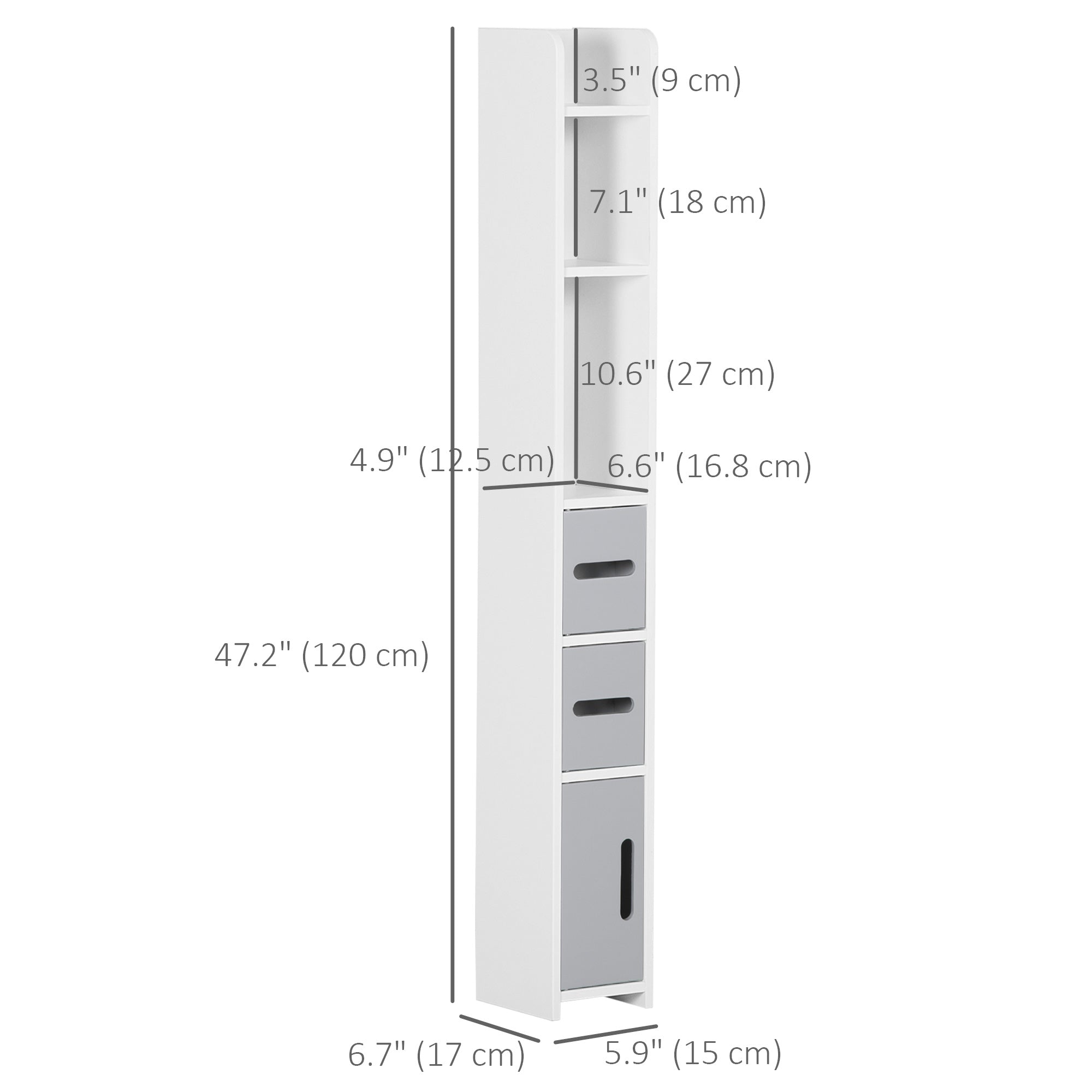 Narrow Bathroom Storage Cabinet, Freestanding Tall Bathroom Cabinet with Open Shelves and 3 Cupboards with Door for Bathroom, Grey and White