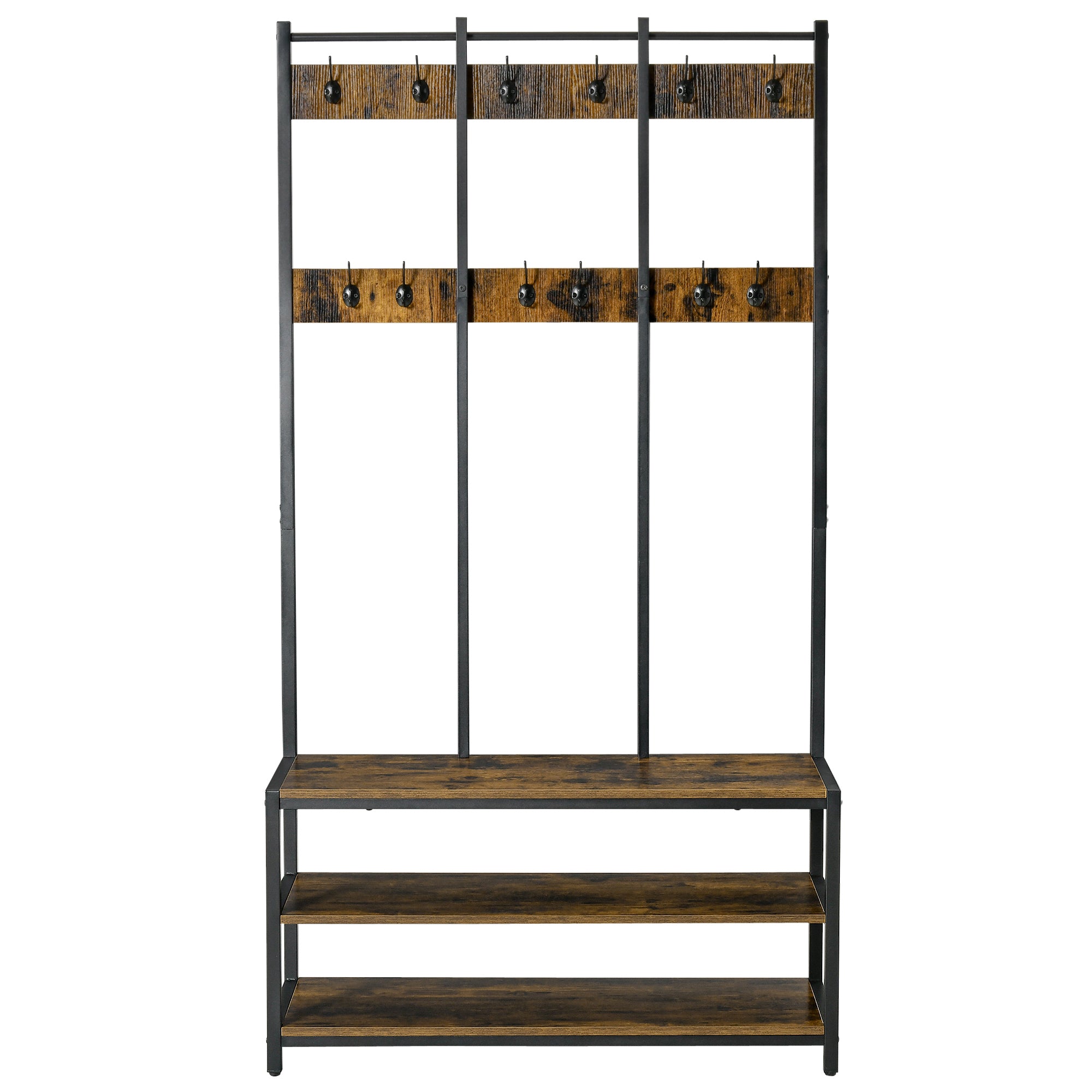 Coat Rack Stand, Free Standing Hall Tree, Coat Stand with Hooks, Bench and Shoe Rack, 100cm x 38.5cm x 185.5cm, Industrial Style, Rustic Brown and Black