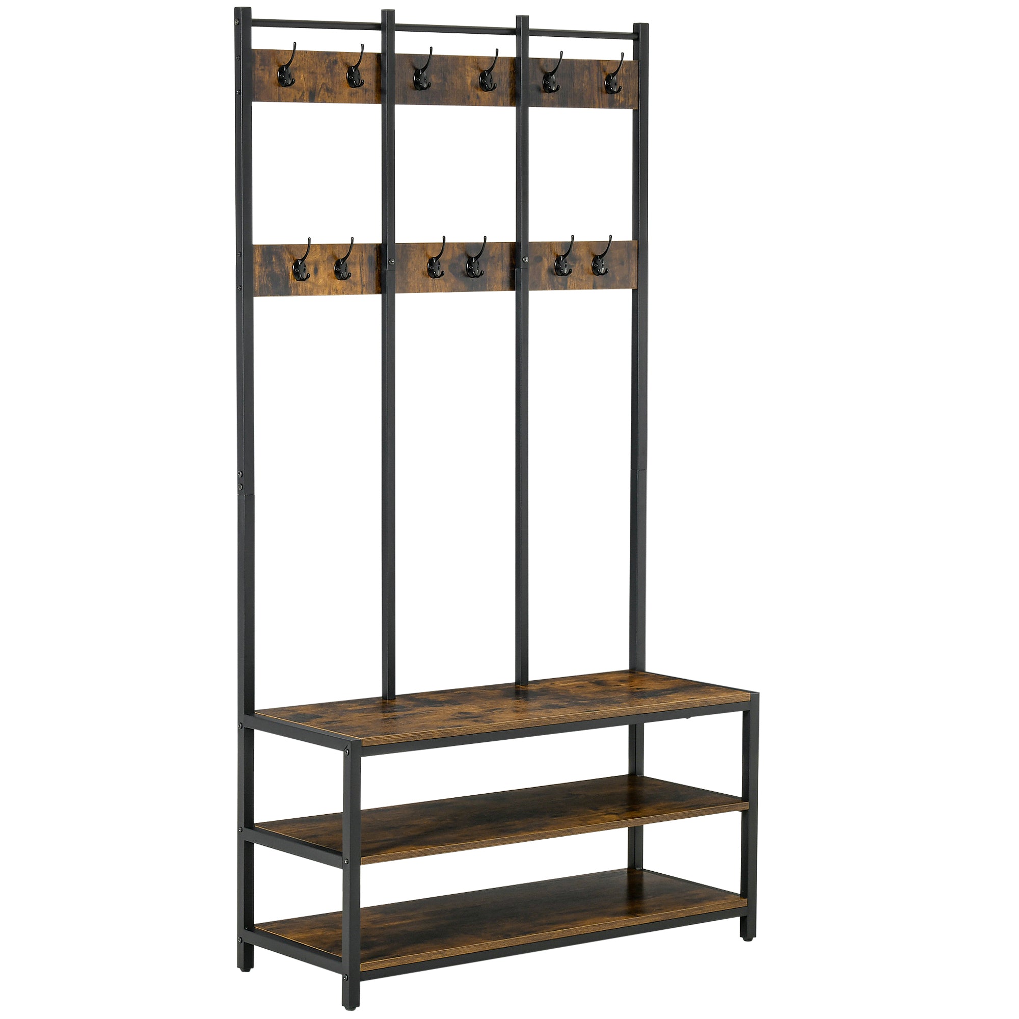 Coat Rack Stand, Free Standing Hall Tree, Coat Stand with Hooks, Bench and Shoe Rack, 100cm x 38.5cm x 185.5cm, Industrial Style, Rustic Brown and Black