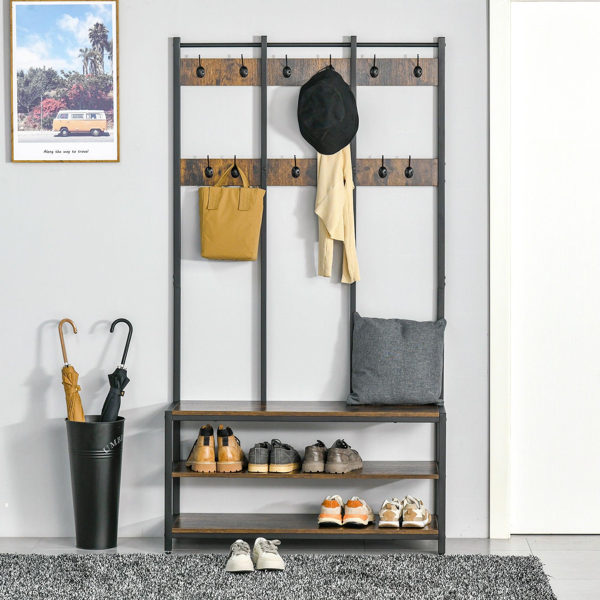 Coat Rack Stand, Free Standing Hall Tree, Coat Stand with Hooks, Bench and Shoe Rack, 100cm x 38.5cm x 185.5cm, Industrial Style, Rustic Brown and Black