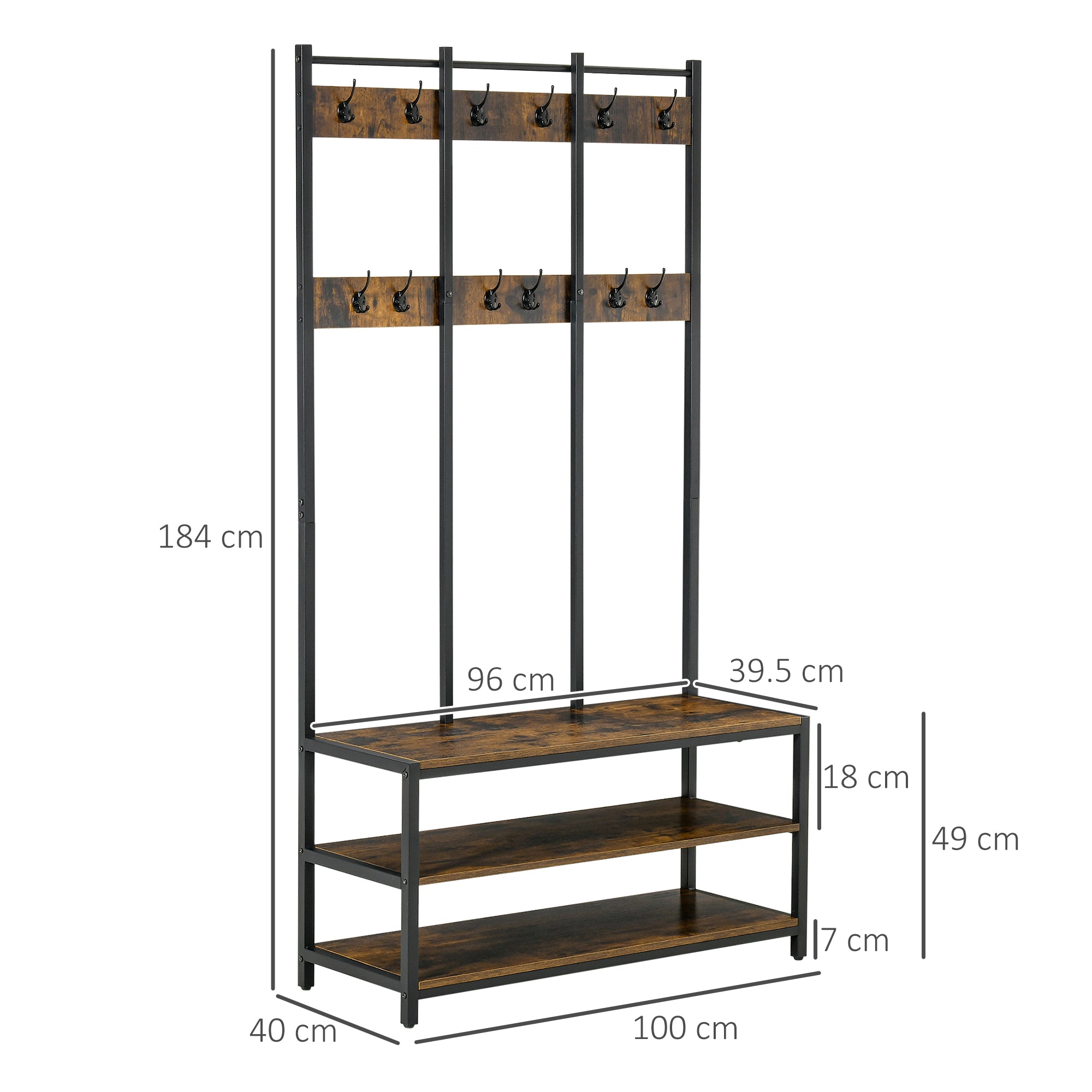 Coat Rack Stand, Free Standing Hall Tree, Coat Stand with Hooks, Bench and Shoe Rack, 100cm x 38.5cm x 185.5cm, Industrial Style, Rustic Brown and Black