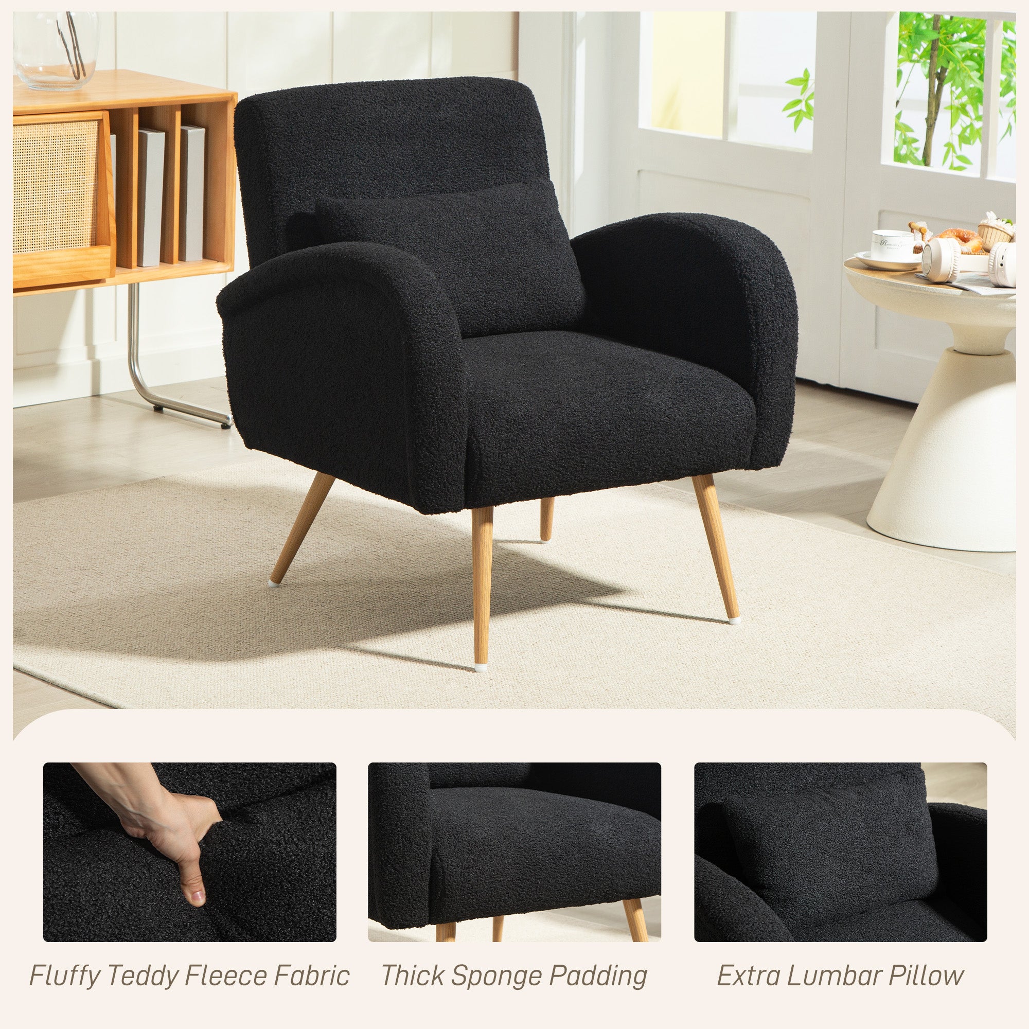Modern Accent Chair, Teddy Fleece Upholstered Armchair with Lumbar Pillow, Metal Legs, Reading Lounge Chair for Living Room, Bedroom, Black