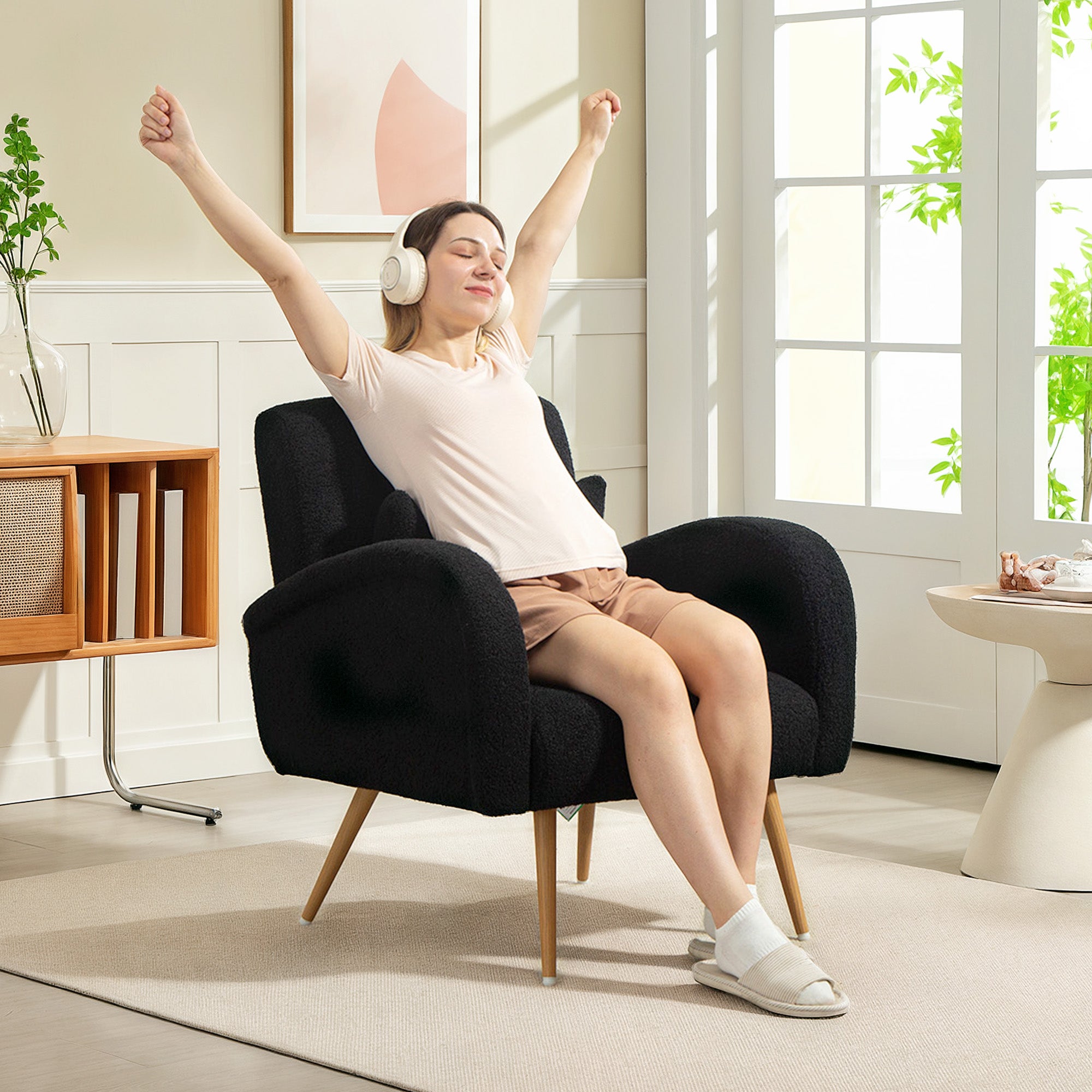 Modern Accent Chair, Teddy Fleece Upholstered Armchair with Lumbar Pillow, Metal Legs, Reading Lounge Chair for Living Room, Bedroom, Black