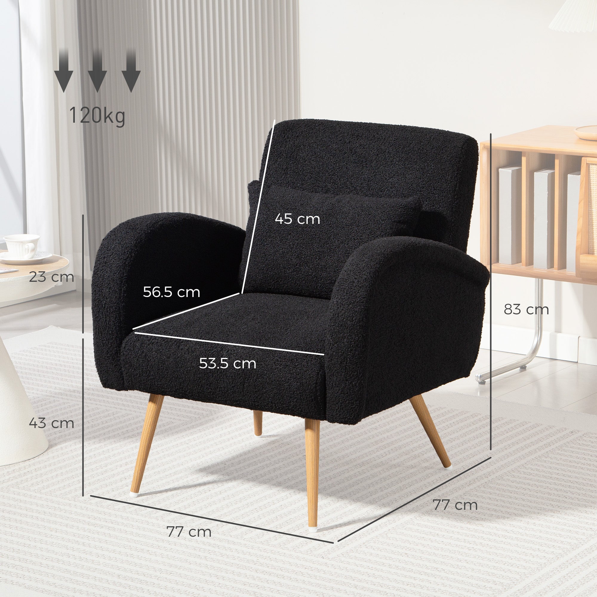 Modern Accent Chair, Teddy Fleece Upholstered Armchair with Lumbar Pillow, Metal Legs, Reading Lounge Chair for Living Room, Bedroom, Black