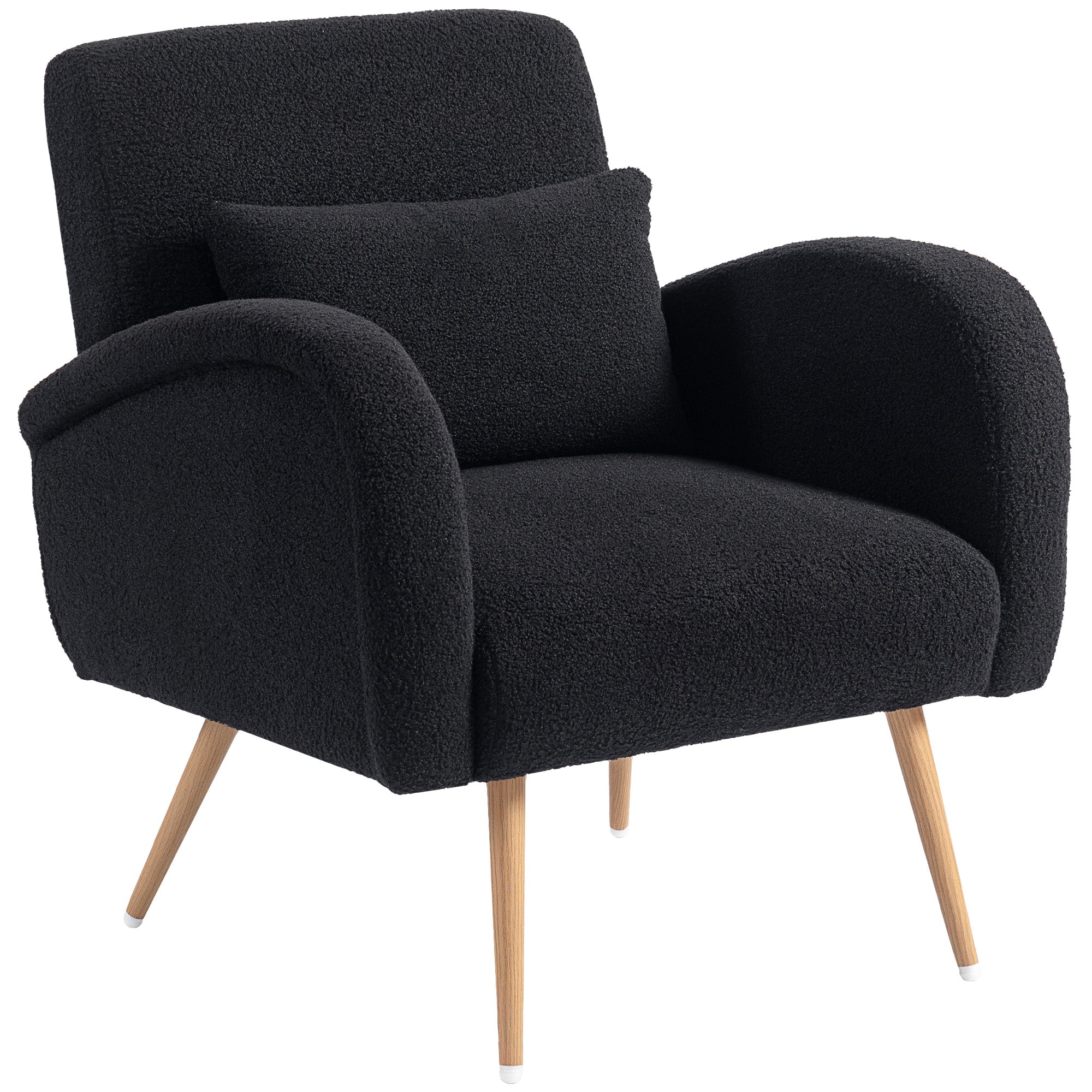 Modern Accent Chair, Teddy Fleece Upholstered Armchair with Lumbar Pillow, Metal Legs, Reading Lounge Chair for Living Room, Bedroom, Black