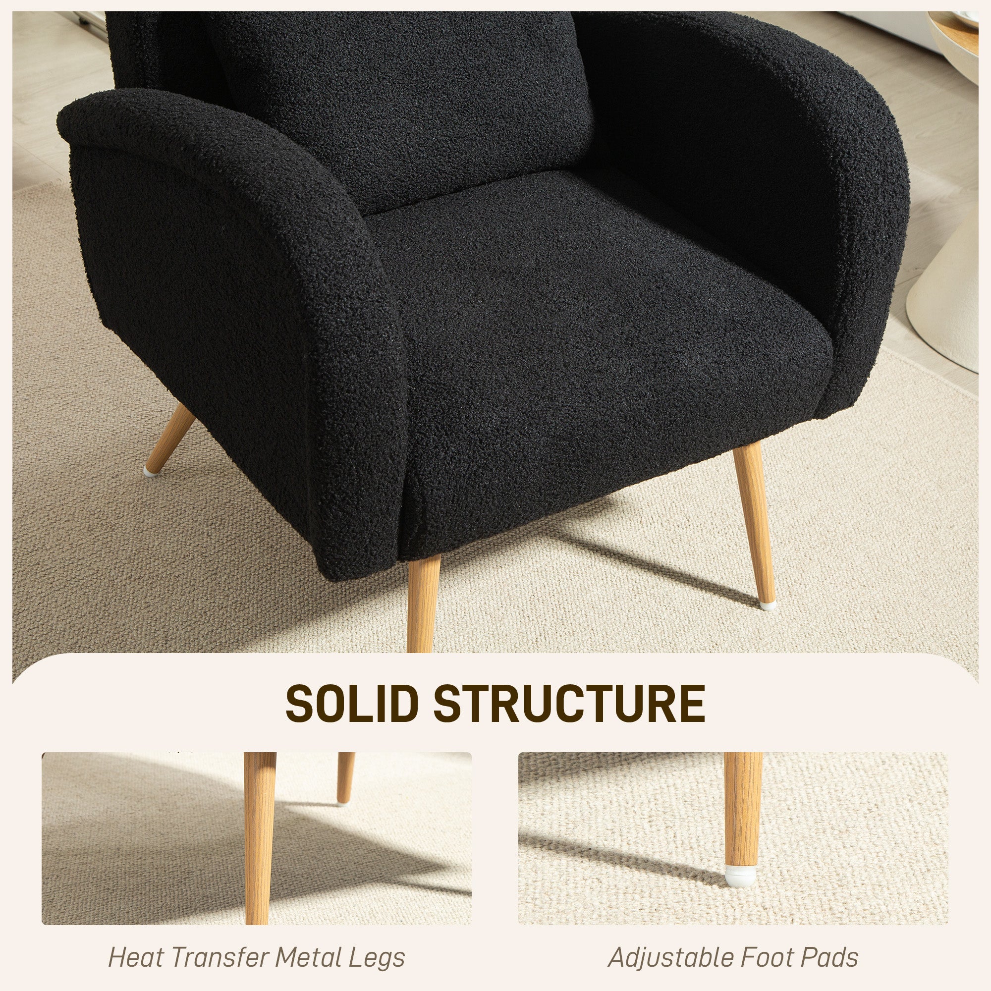 Modern Accent Chair, Teddy Fleece Upholstered Armchair with Lumbar Pillow, Metal Legs, Reading Lounge Chair for Living Room, Bedroom, Black