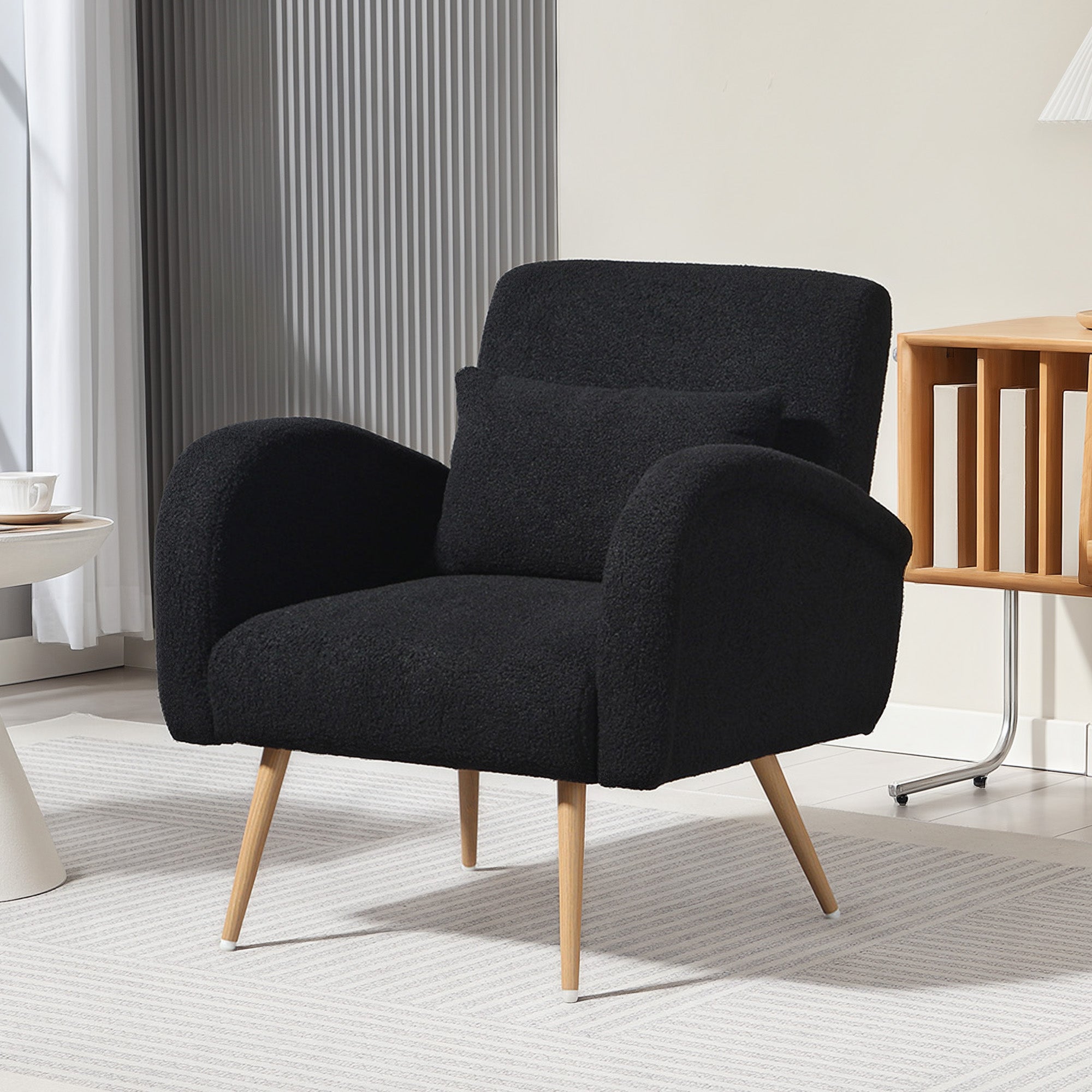 Modern Accent Chair, Teddy Fleece Upholstered Armchair with Lumbar Pillow, Metal Legs, Reading Lounge Chair for Living Room, Bedroom, Black