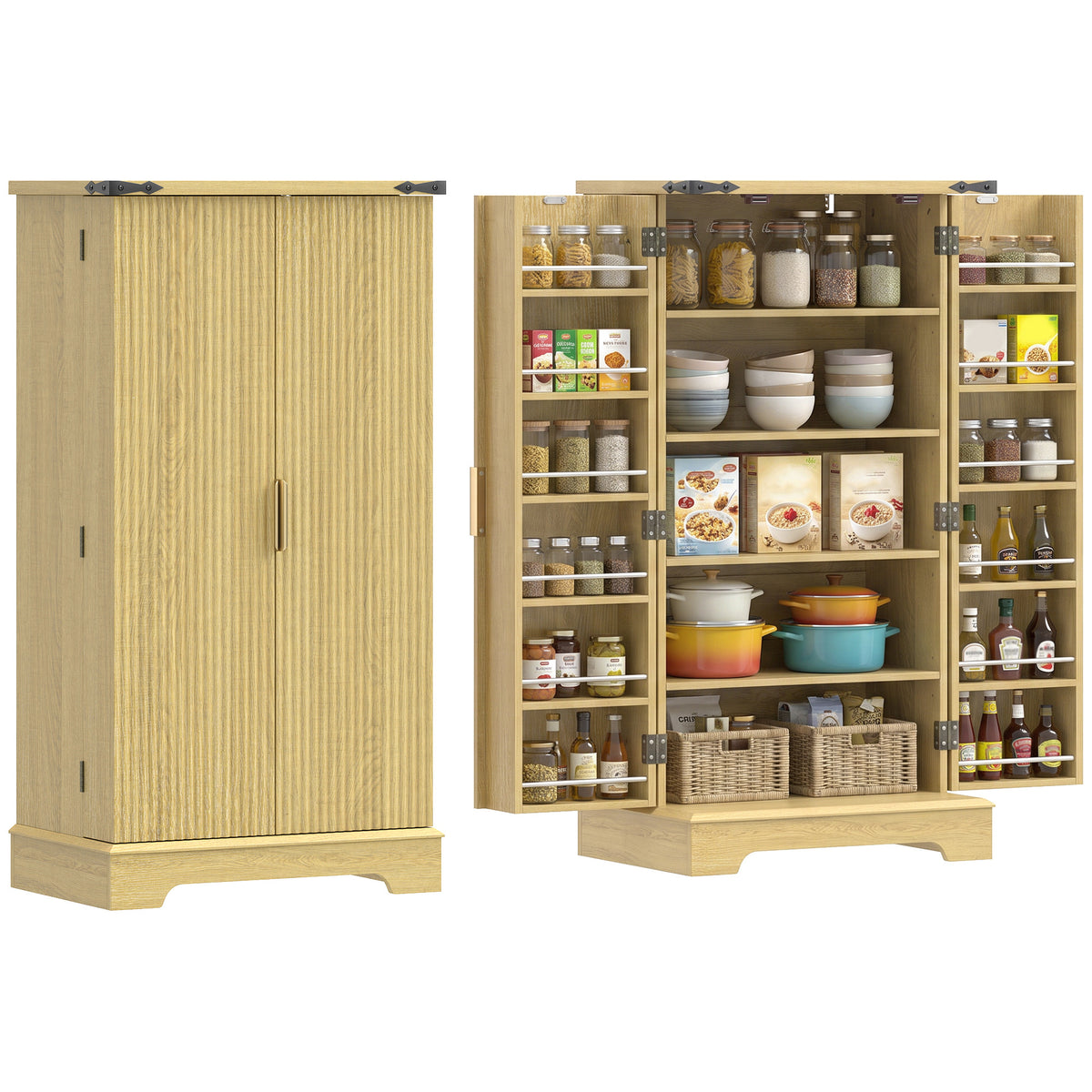 46" Kitchen Pantry Cabinet with Doors and Adjustable Shelves, Freestanding Fluted Pantry Storage Cabinet with Spice Racks, Farmhouse Buffet Sideboard for Kitchen, Dining Room