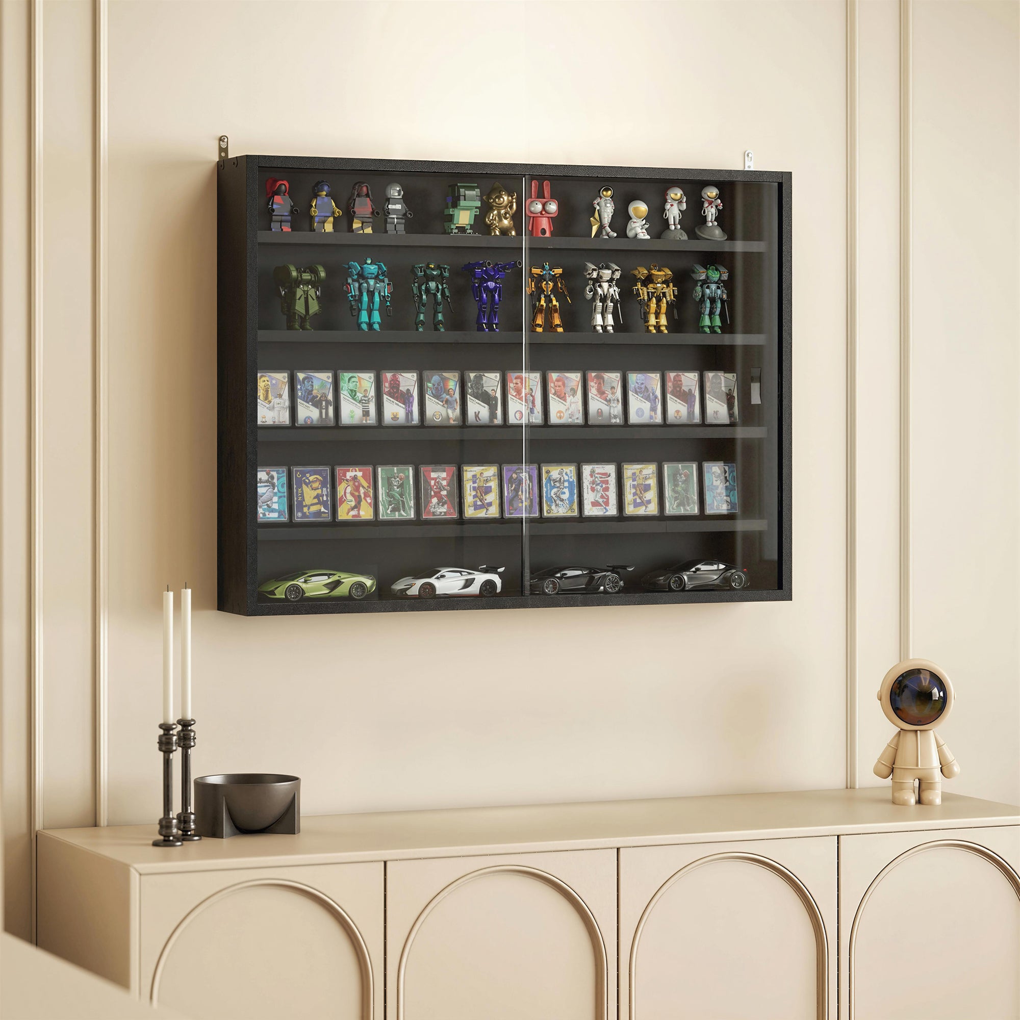 5-Tier Display Cabinet, Glass Door Cabinet with Adjustable Shelves, Wall-Mounted Display Case for Playroom, Bedroom, Jet Black